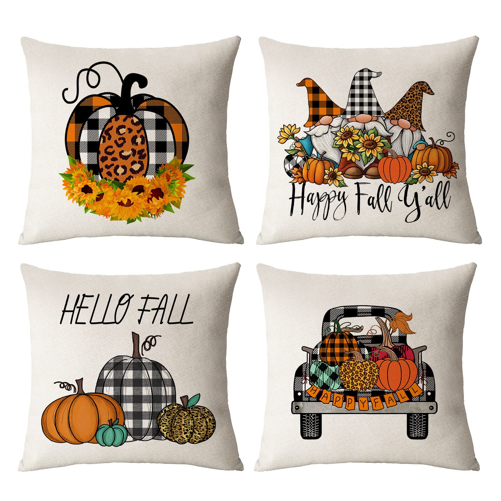 4 Pack Fall Pillow Covers 16x16 Inch - Thanksgiving Pumpkin Decor, Autumn Gnome & Sunflower Throw Pillow Cases for Sofa, Couch, Bed - Seasonal Home Decor for Living Room, Porch & Outdoor Fall Theme Decorations