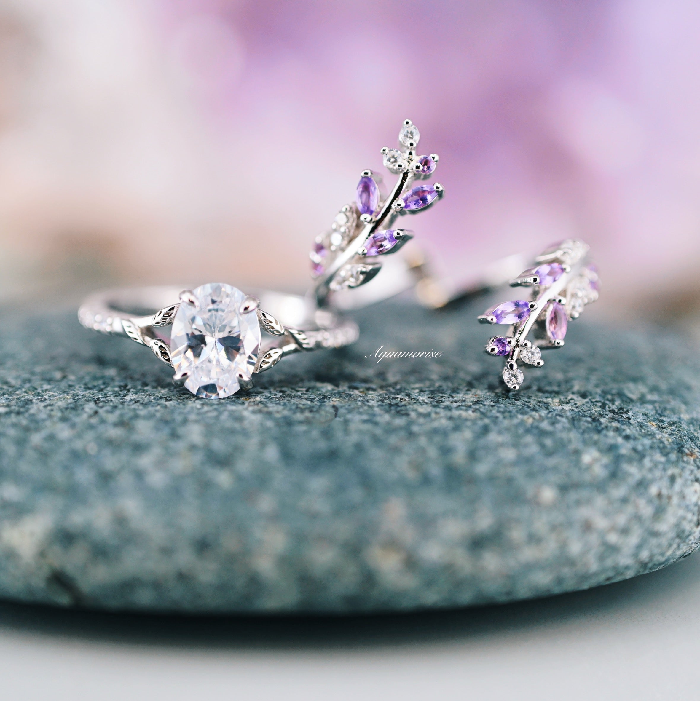 Fairy Amethyst & Diamond Engagement Leaf Ring Set - 925 Sterling Silver Wedding Band for Women, Nature-Inspired Jewelry Gift for Brides, Anniversaries & Special Occasions