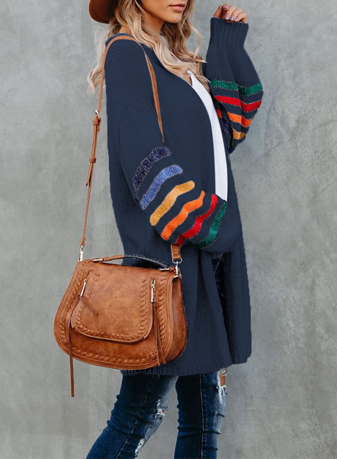 Dokotoo Women's Long Open Front Cardigan - Striped Color Block Loose Knit Sweater Coat for Casual Wear & Office Outfits