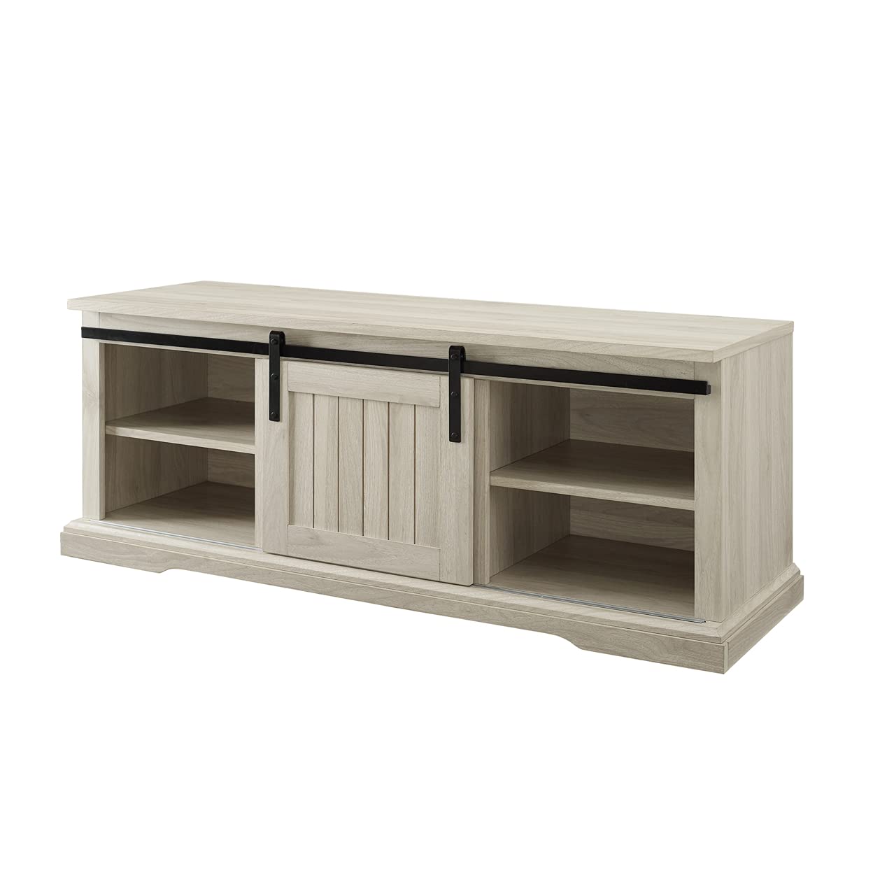 Walker Edison 48 Inch Farmhouse Entryway Bench with Sliding Grooved Door - Shoe Storage Shelf & Hallway Organizer in Birch Wood | Perfect for Mudroom, Foyer & Home Entryway Organization