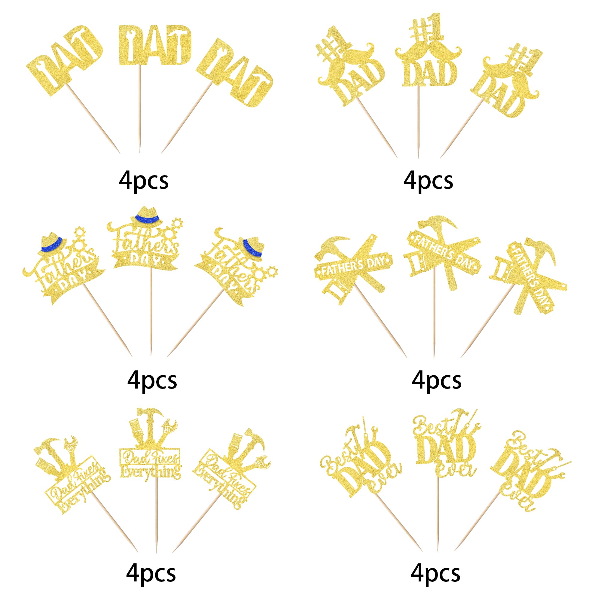 24 Pack Happy Father's Day Cupcake Toppers - Glitter Best Dad Ever Cake Decorations with #1 Dad, Tie, Mustache & Hat Designs - Gold Party Supplies for Father's Day Celebrations, Men's Birthday Parties & DIY Cake Decorating