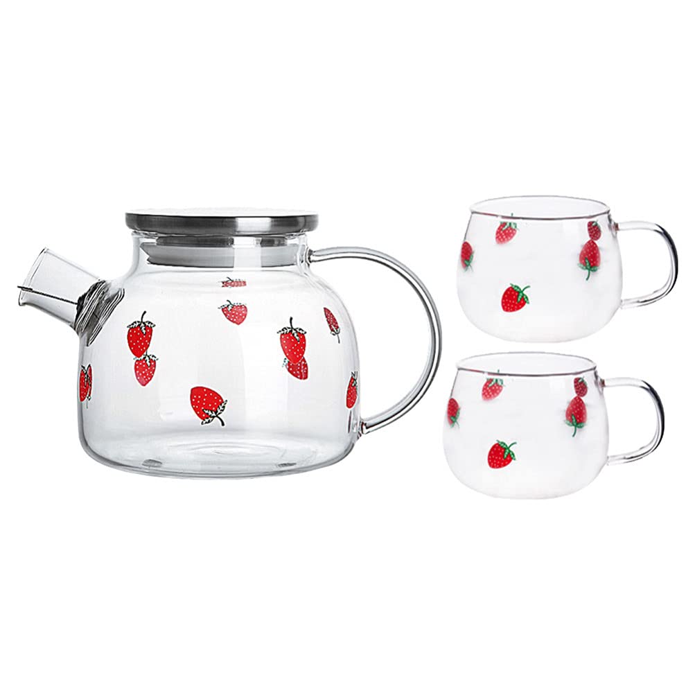 Strawberry Glass Water Pitcher Set - 1L Cold Beverage Carafe with Spout, Handle & Tea Cup - Perfect for Iced Tea, Juice, Coffee & Lemonade - Ideal for Kitchen, Dining Table, Parties & Outdoor Gatherings