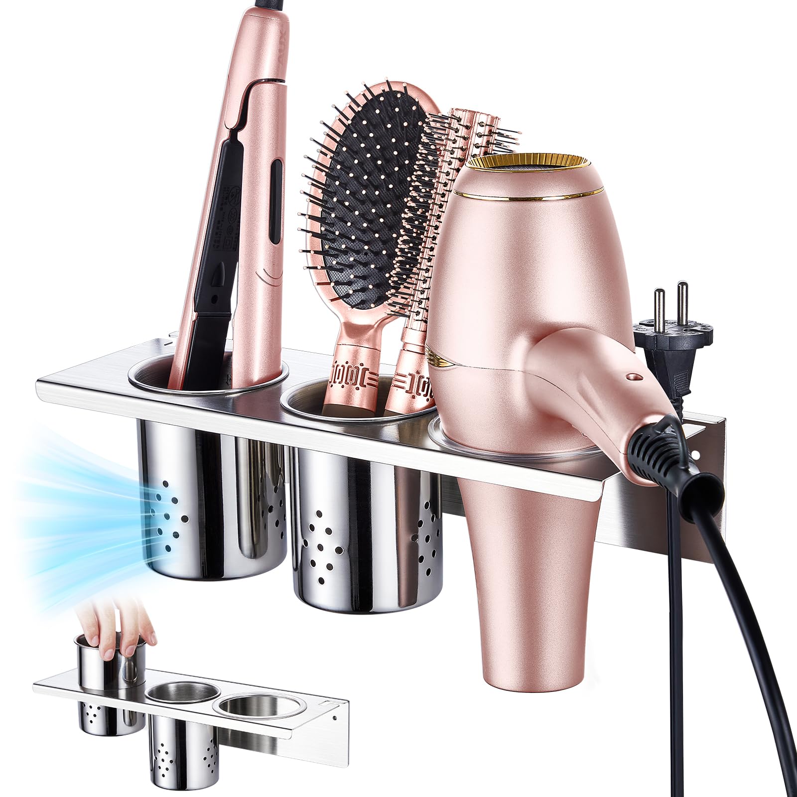 Wall Mount Hair Tool Organizer - Stainless Steel Hair Dryer & Curling Iron Holder with 2 Storage Cups | Bathroom Vanity Organizer for Blow Dryer, Flat Iron & Brushes | Perfect for Salon-Style Home Bathroom Organization