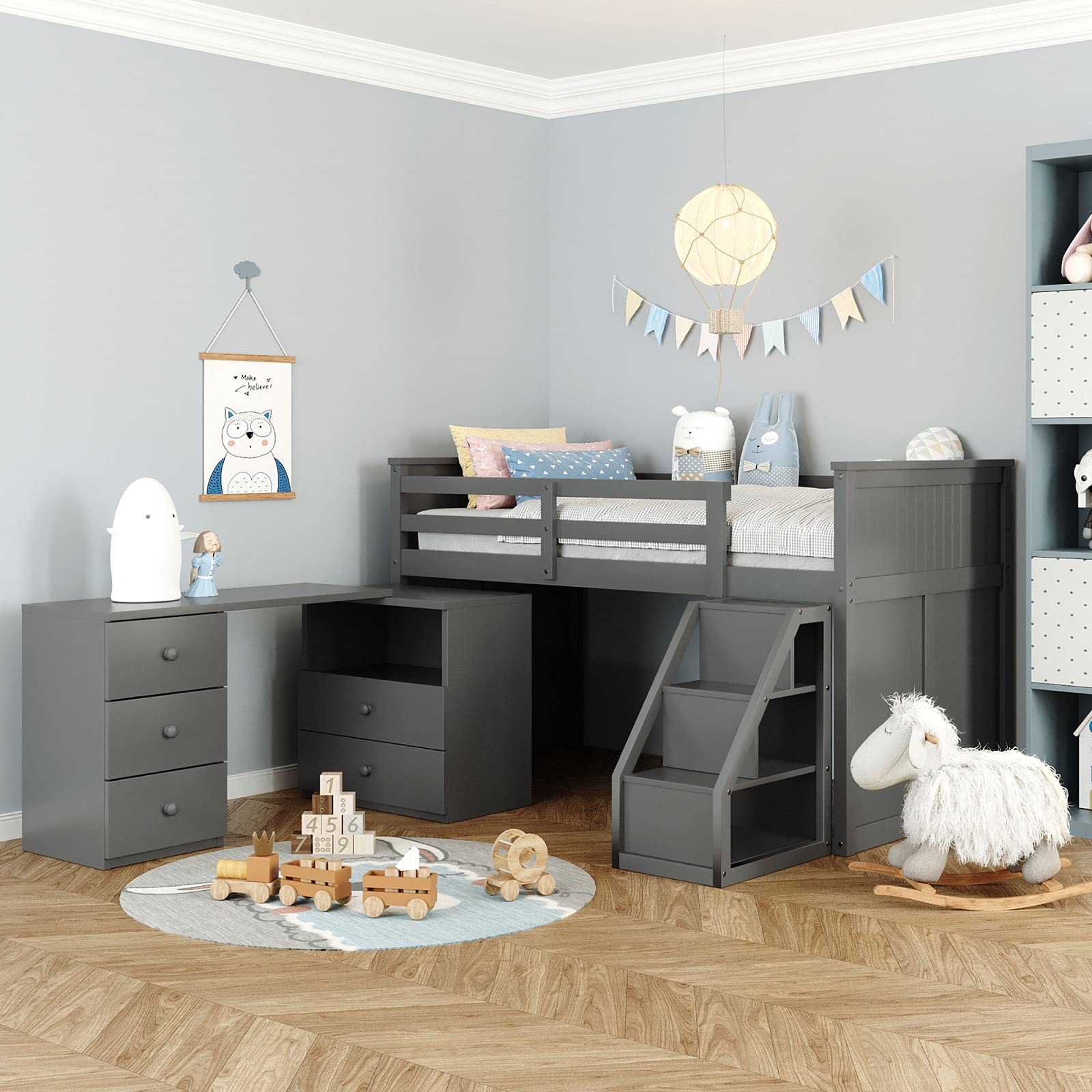 Twin Size Loft Bed with Desk & Storage - 5 Drawers, Guard Rail, Ladder & Shelves - Multi-Functional Twin Over Twin Kids House Bed - 79 Inch Space Saving Design - 175 lbs Weight Capacity - Gray - Perfect for Small Bedrooms, Dorms & Kids' Rooms
