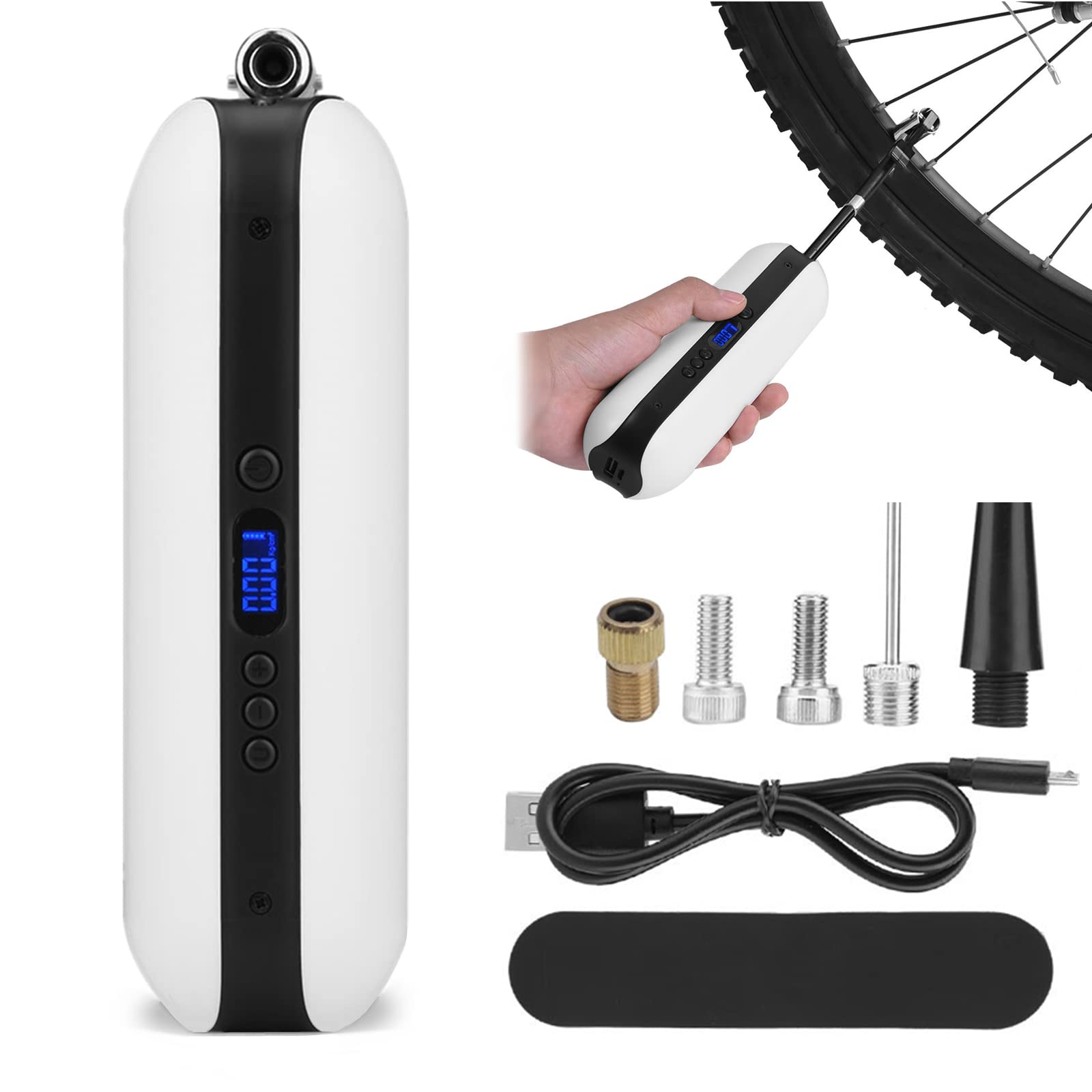 Rechargeable Portable Bike Tire Pump with LCD Display - Digital Air Inflator for Bicycle, Motorcycle & Sports Balls - Perfect for Road Trips, Cycling Adventures & Home Use (White)