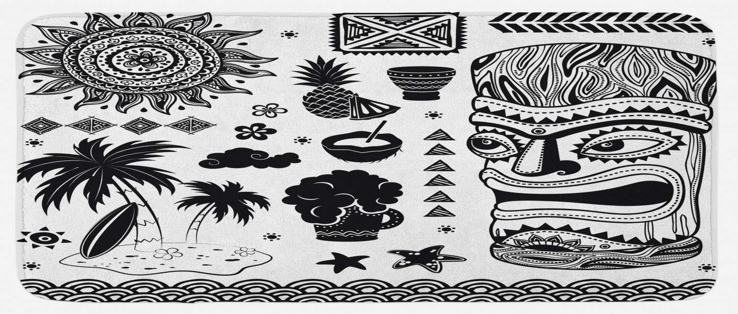 Ambesonne Non-Slip Tiki Bar Kitchen Mat - Vintage Pineapple & Palm Design, Plush Decorative Rug, 47x19 Inches, Black & White - Perfect for Tropical-Themed Kitchens, Bars & Outdoor Entertaining Areas