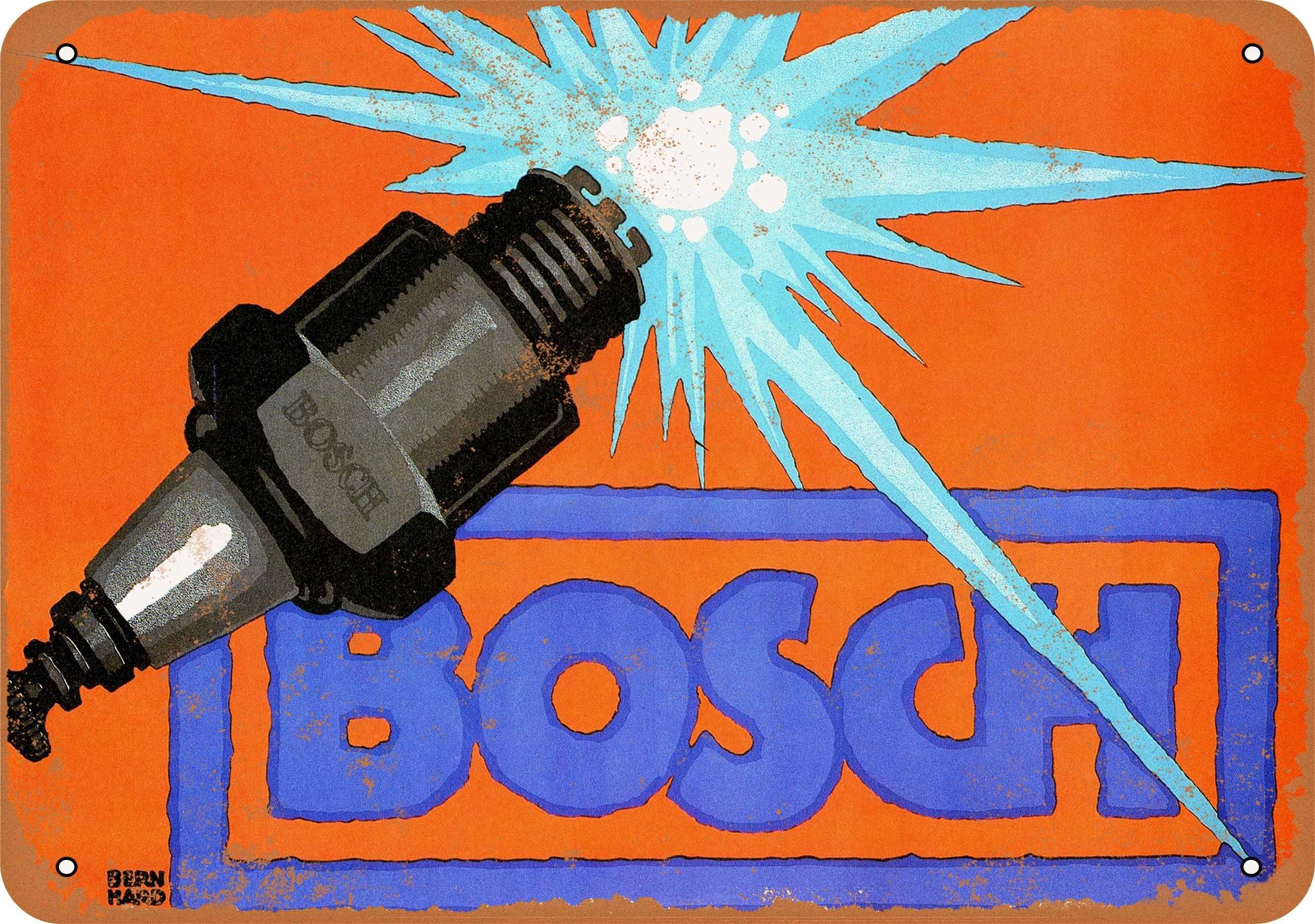 Vintage 1914 Bosch Spark Plugs Metal Sign - 7x10 Inch Retro Automotive Wall Decor - Perfect for Garage, Man Cave & Workshop Decorations