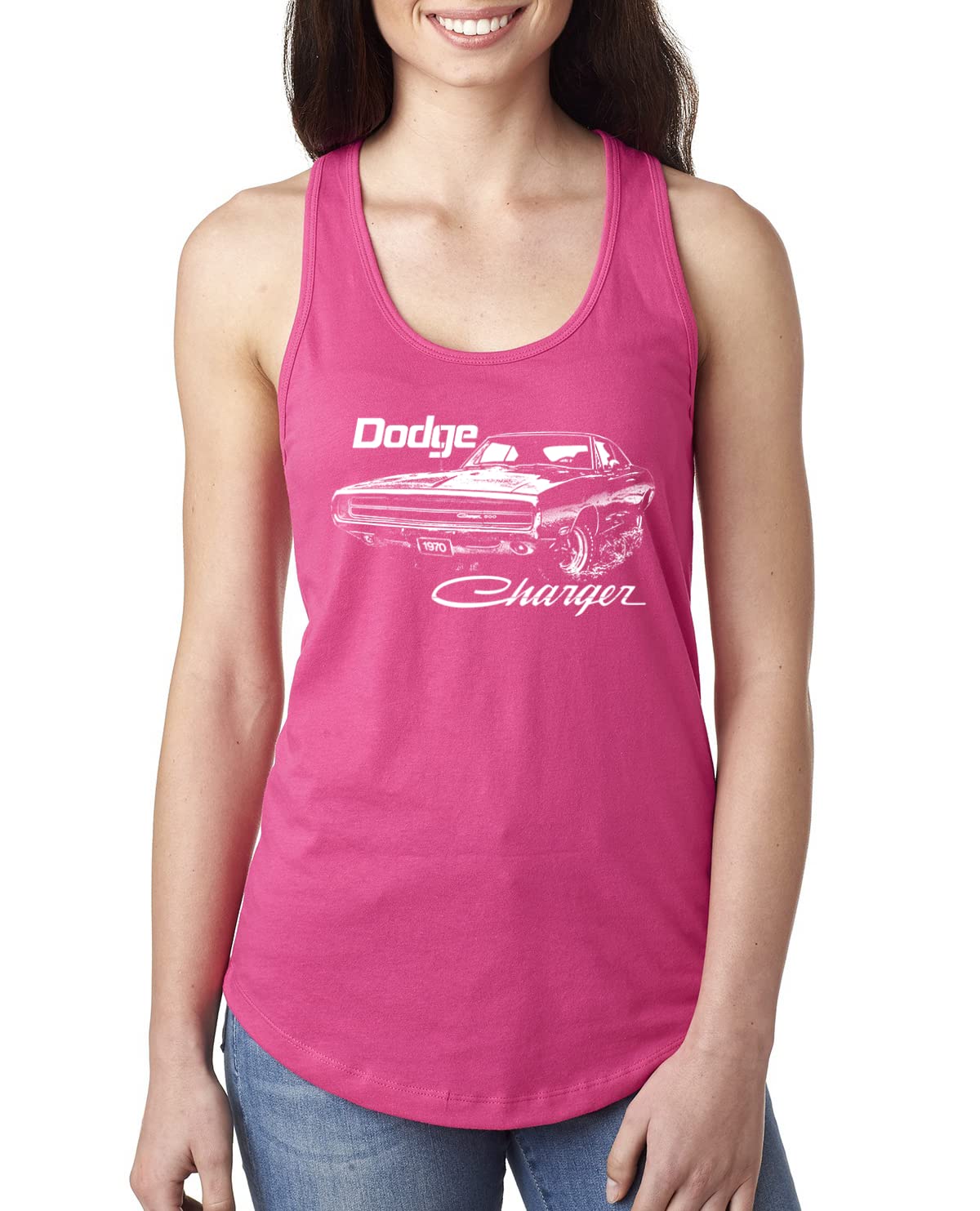 Vintage 1970 Dodge Charger Racing Car Ladies Racerback Tank Top - White Retro Muscle Car T-Shirt for Women | Casual Wear, Car Shows & Racing Events