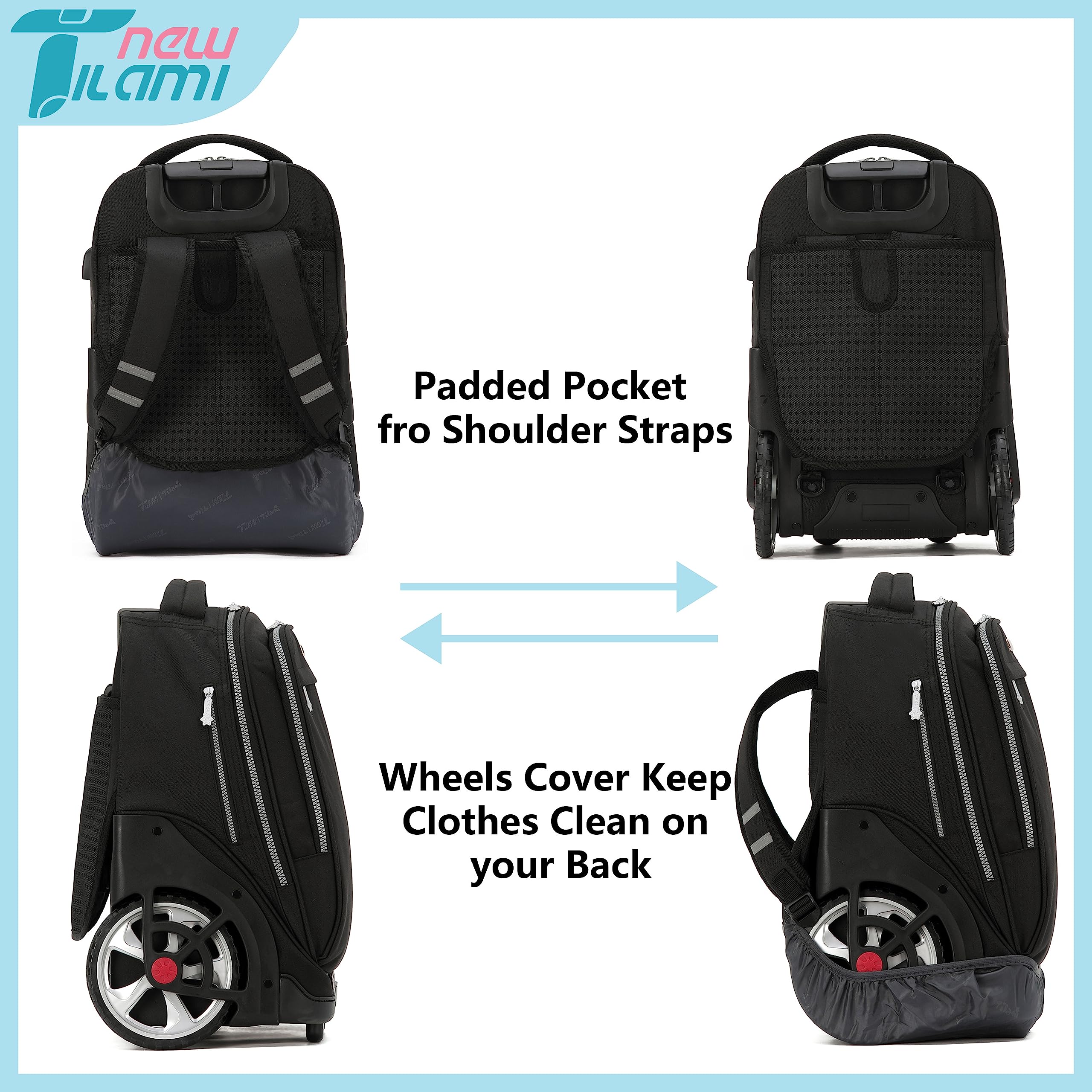 TILAMI 19 Inch Rolling Backpack with Lunch Compartment - Wheeled Laptop Backpack for Travel, School & Work - Durable Carry-On Bookbag with Wheels for Men & Women (Black) | Perfect for Business Trips, College Students & Daily Commute