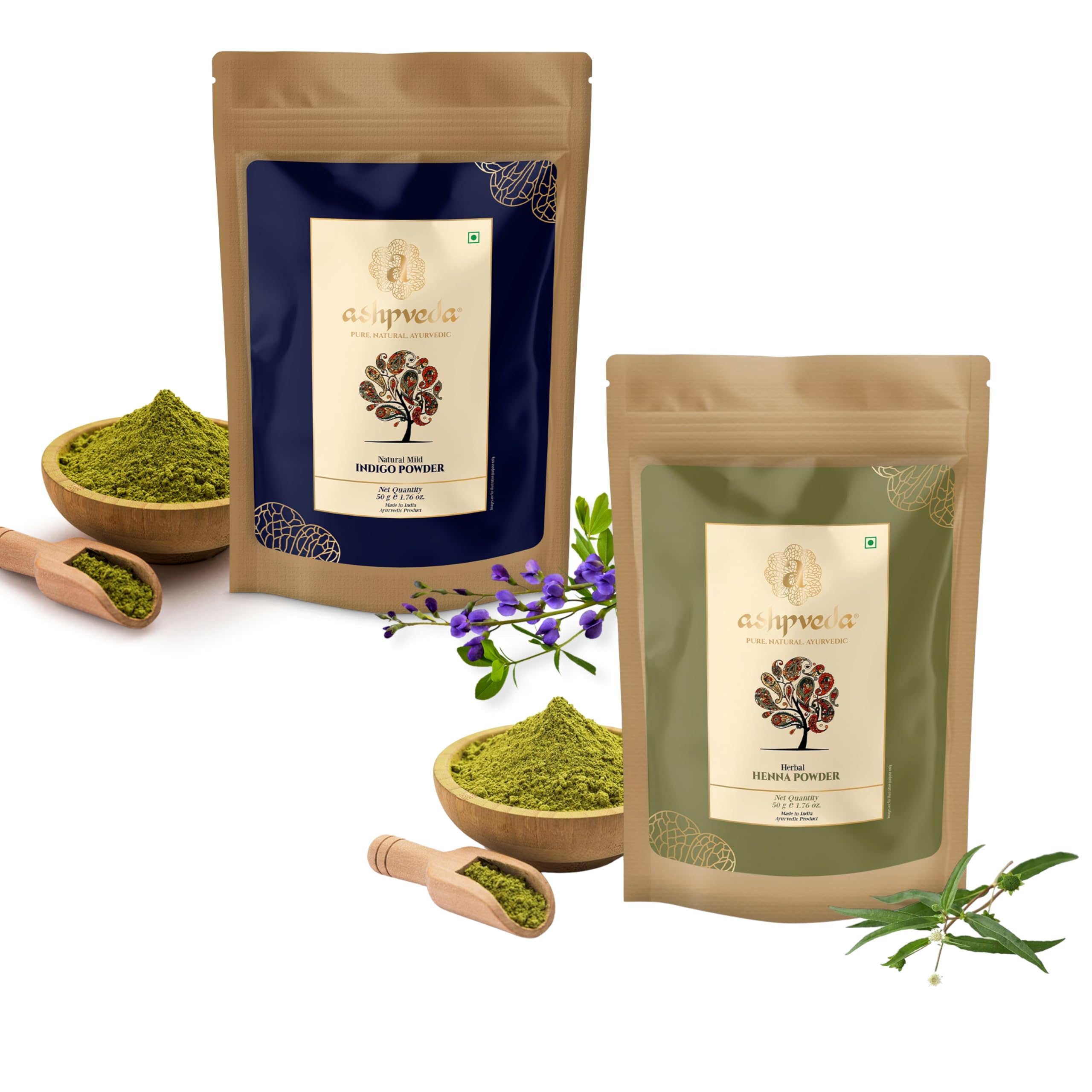 100% Pure Ashpveda Natural Henna & Indigo Hair Dye for Women | Herbal Hair Color Combo (50g Each) | Safe Chemical-Free Gray Coverage | Perfect for Home Use & Salon Treatments