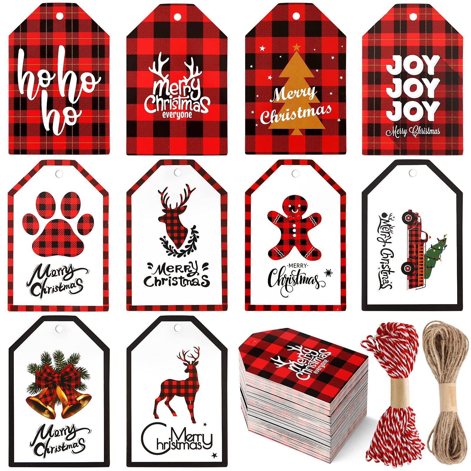 100PCS Buffalo Plaid Christmas Gift Tags with Jute Twine - Red and Black Holiday Present Wrapping Labels for Xmas Decorations, Party Favors & Stocking Stuffers