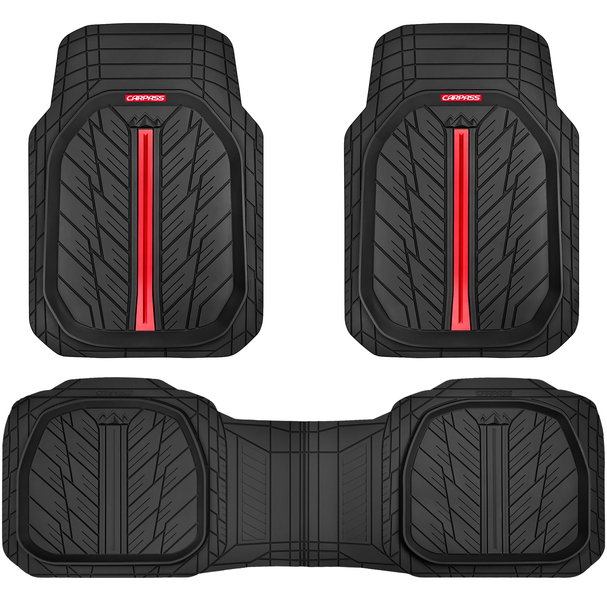 Heavy Duty All Weather Rubber Floor Mats for Cars & SUVs - CAR PASS Tire Tread DeepDish Design, Universal Fit (Trim to Size), Waterproof 3-Piece Set (Red/Black) - Perfect for Trucks, SUVs & Off-Road Vehicles in Rain, Snow & Mud Conditions