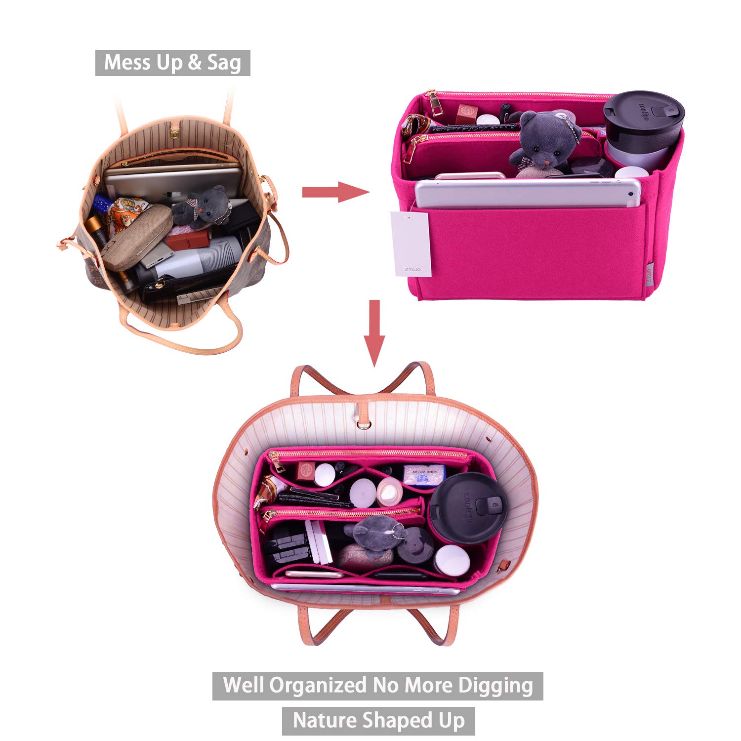ZTUJO Felt Purse Organizer Insert for Louis Vuitton Speedy, Neverfull, Graceful & Tote Bags - Handbag Shaper & Storage Solution for Travel, Work & Daily Use