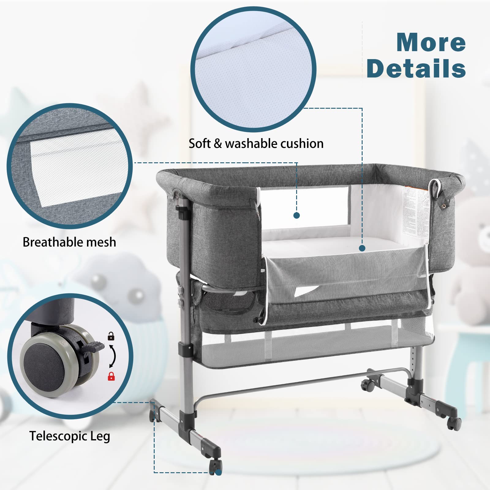 Ihoming Portable Baby Bassinet Bedside Sleeper with Storage Basket - Adjustable Folding Crib for Newborns & Infants - Deep Gray - Perfect for Nursery, Bedroom & Travel