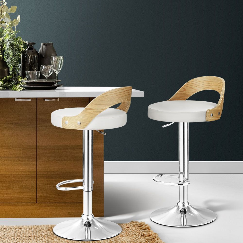 Adjustable Height White Leather Padded Bar Stools Set of 2 - Modern Kitchen Counter Stools for Dining & Home Bar Decor