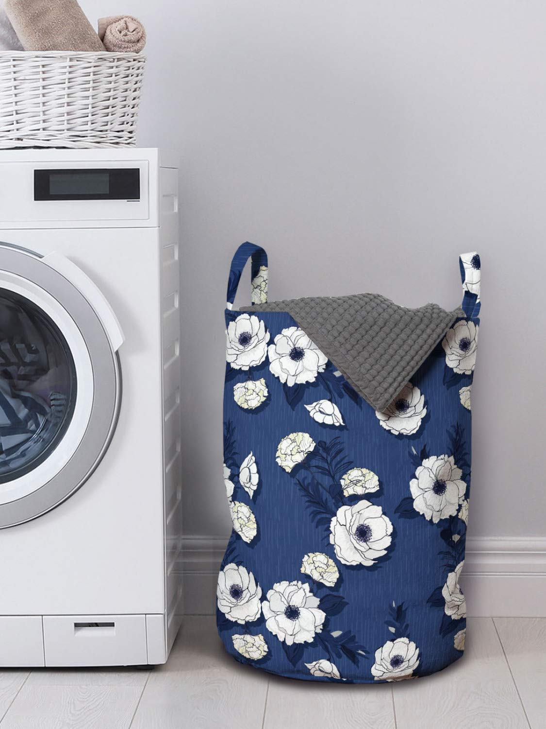 Ambesonne Floral Laundry Bag with Handles & Drawstring Closure - Blooming Clove Flowers Design on Dark Blue Backdrop - 13