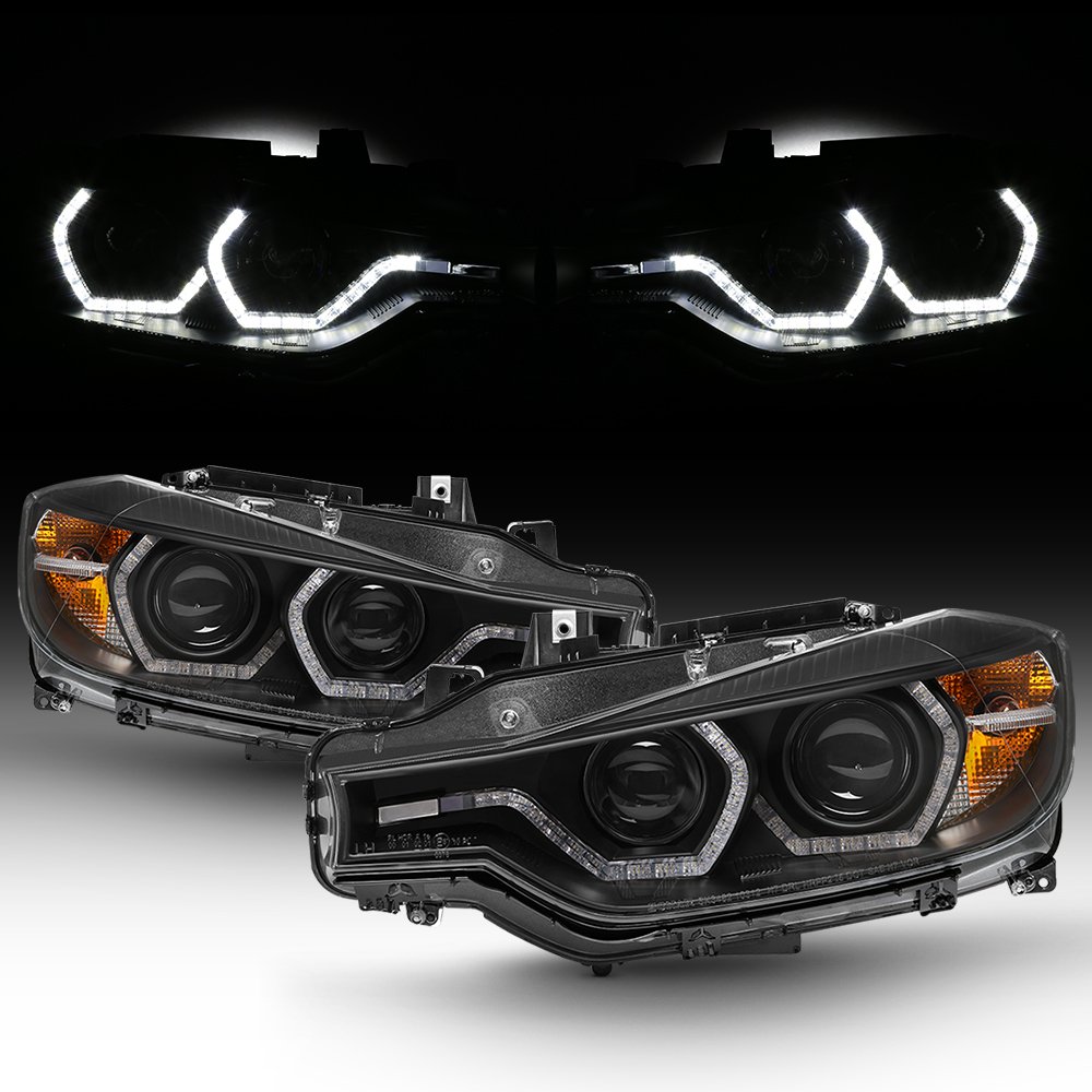 AKKON LED Projector Headlights for BMW F30 3-Series Sedan (2012-2018) - Black Bezel Dual U-Halo Ring Replacement Headlights - Upgrade Your Night Driving Experience