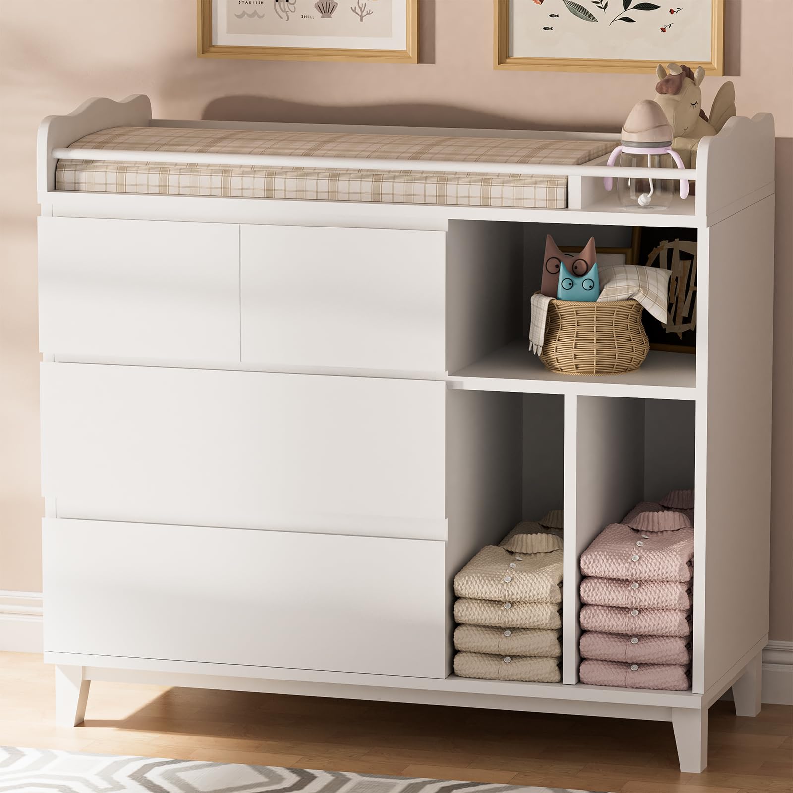 White Baby Dresser with Changing Table Top - 4 Drawers & 3 Shelves Nursery Dresser for Newborns | Tall Dresser for Bedroom, Nursery & Entryway | Perfect for Diaper Changes & Baby Storage Organization