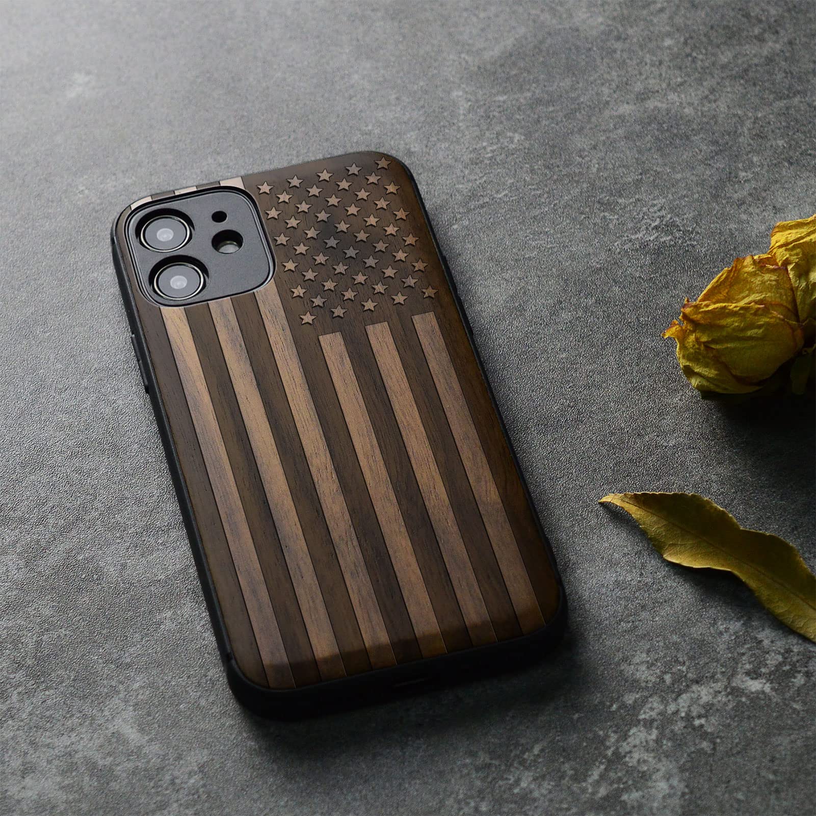 Carveit Magnetic Wood Case for iPhone 12 Mini - Natural Walnut Wood & Black TPU Shockproof Protective Cover with Magsafe Compatibility | American Flag Design - Perfect for Outdoor Adventures & Business Meetings