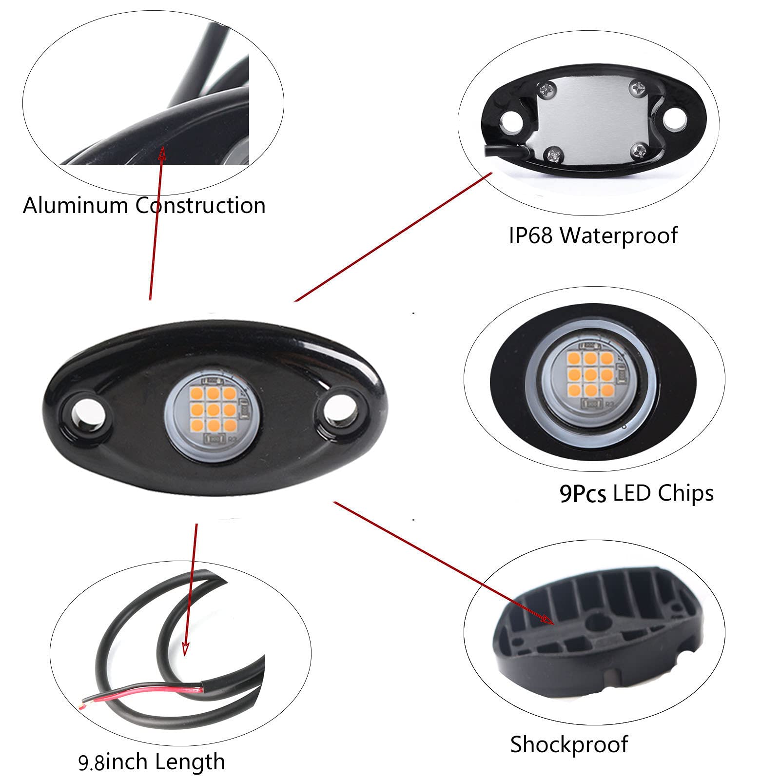 4Pods Amber Yellow LED Rock Lights - Waterproof Underglow Neon Lights for Cars, Trucks, ATV, UTV, SUV, Boats - Off-Road Trail Rig Lighting for Night Driving & Vehicle Customization