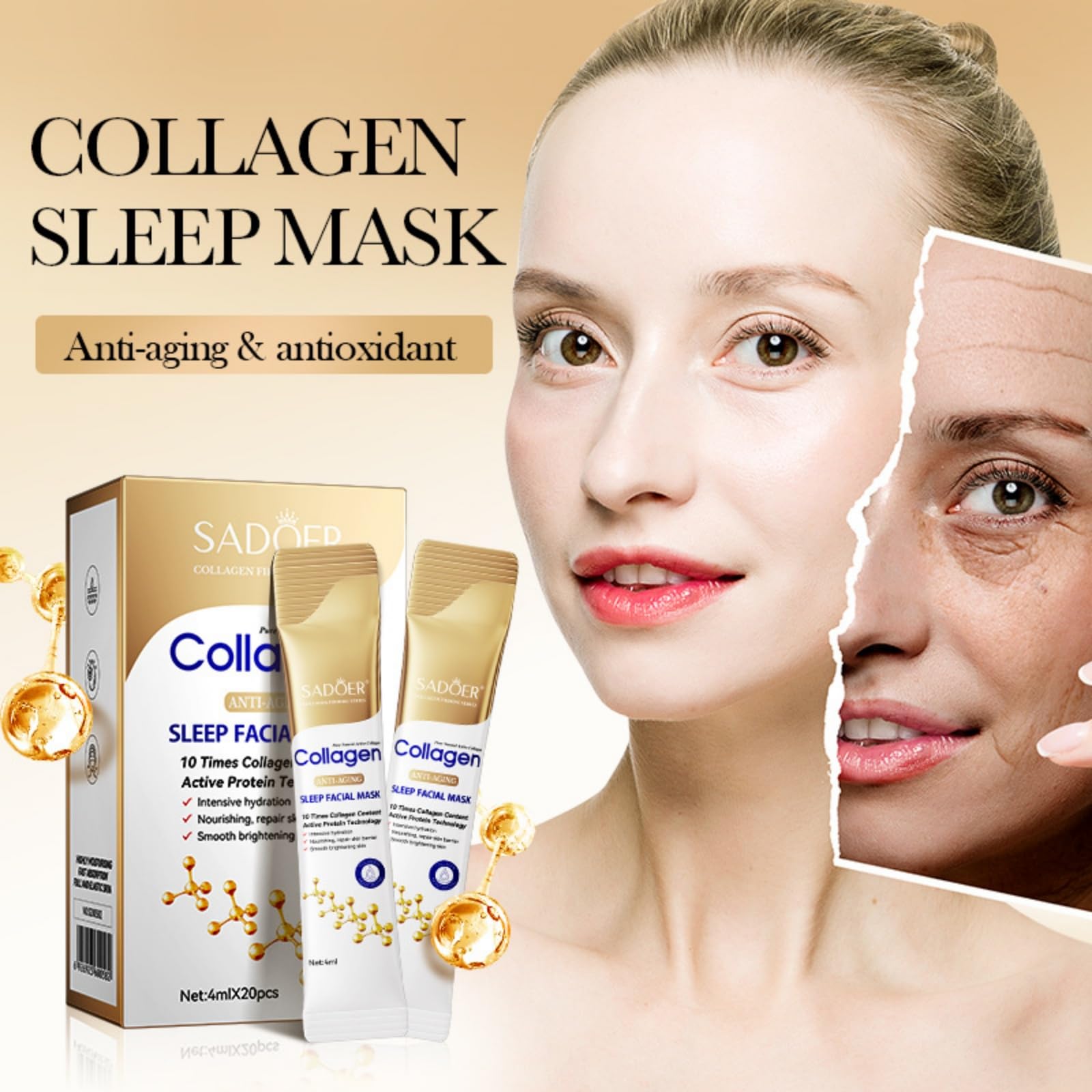 Premium Collagen Anti-Aging Sleep Facial Mask - 10X Collagen Boost (0.13 fl oz x 20 Sheets) | Overnight Hydration & Wrinkle Reduction for Glowing Skin | Perfect for Nighttime Skincare Routine & Self-Care