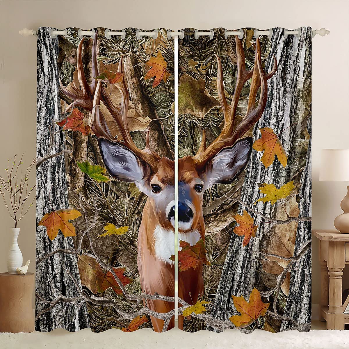 Erosebridal Kids Deer Curtains 42x90 Inch - Hunting Animal Antlers Window Drapes for Boys & Girls - Oil Painting Woodland Trees Leaves Design - Microfiber Blackout Curtain Panels Set of 2 - Perfect for Nursery, Bedroom, Living Room & Cabin Decor