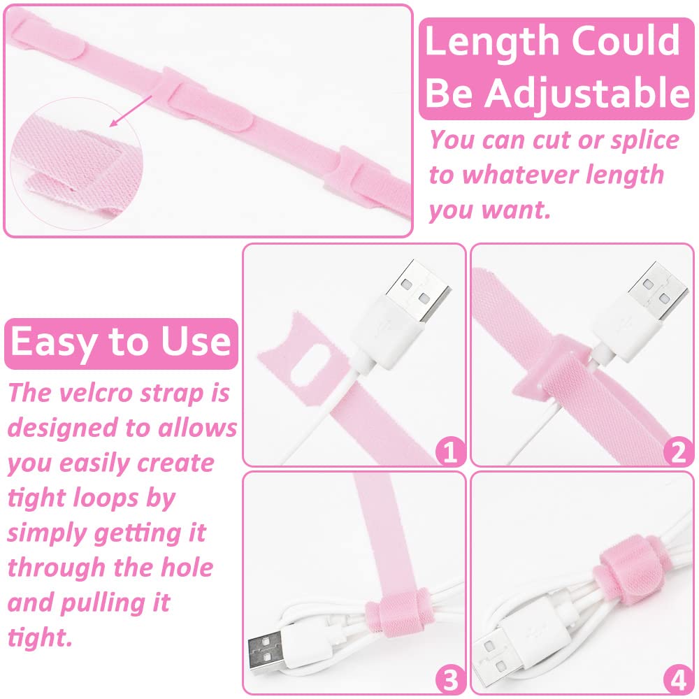 Reusable 70pcs Pink Cable Ties - 4/6/8 Inch Hook & Loop Wire Ties for Computer, Electronics Cord Management (Perfect for Home Office, Data Centers & DIY Organizing)