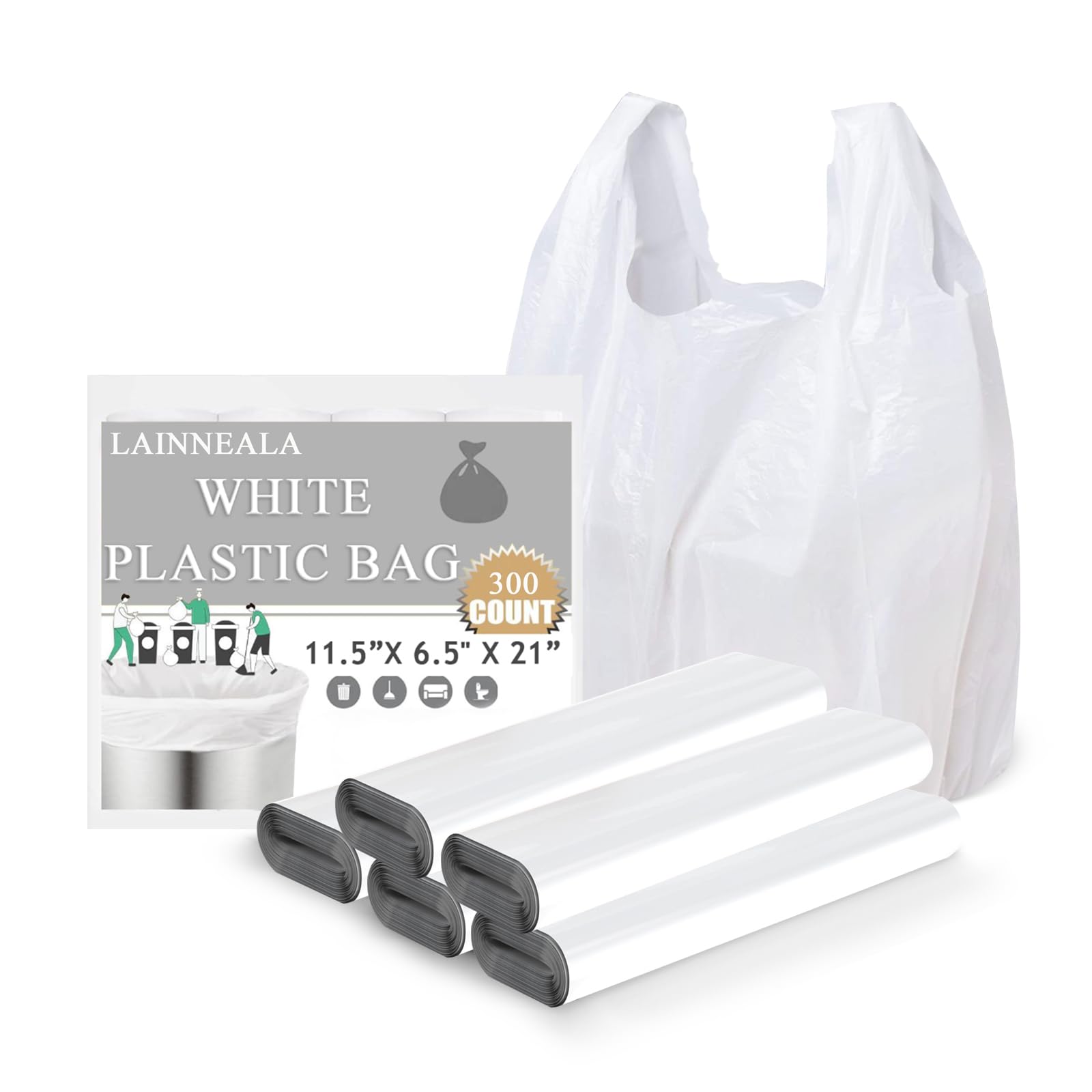 300 Count White T-Shirt Plastic Bags with Handles - 11