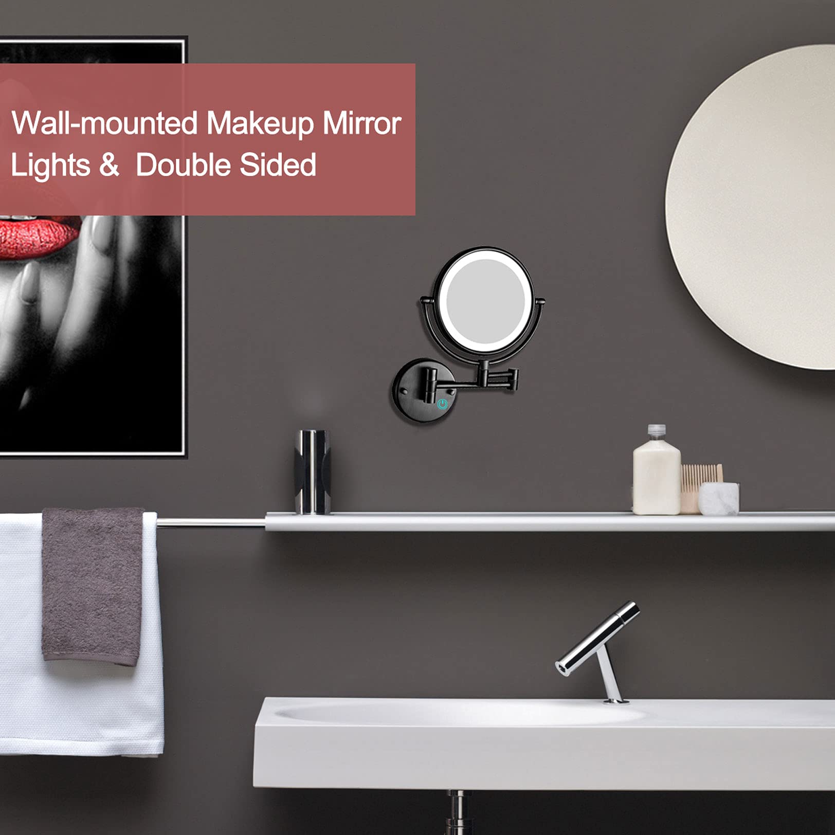 10X Magnification Wall Mounted Makeup Mirror - 8 Inch Double Sided Vanity Mirror with LED Lights, USB Rechargeable, Matte Black - Perfect for Makeup Application, Skincare Routine & Grooming - Ideal Gift for Women & Girls