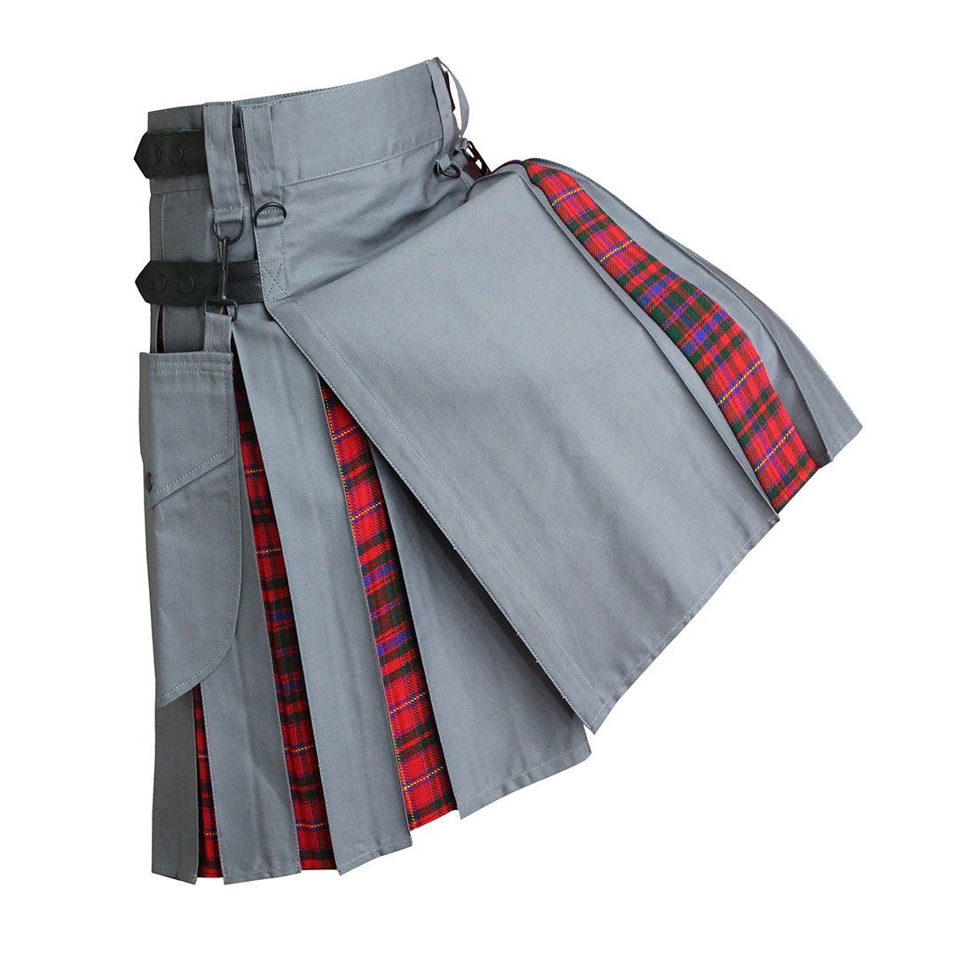Hybrid Kilt Grey Tartan Skirt for Men - Traditional Scottish Utility Kilt with Pockets | Perfect for Highland Games, Cosplay, and Casual Wear