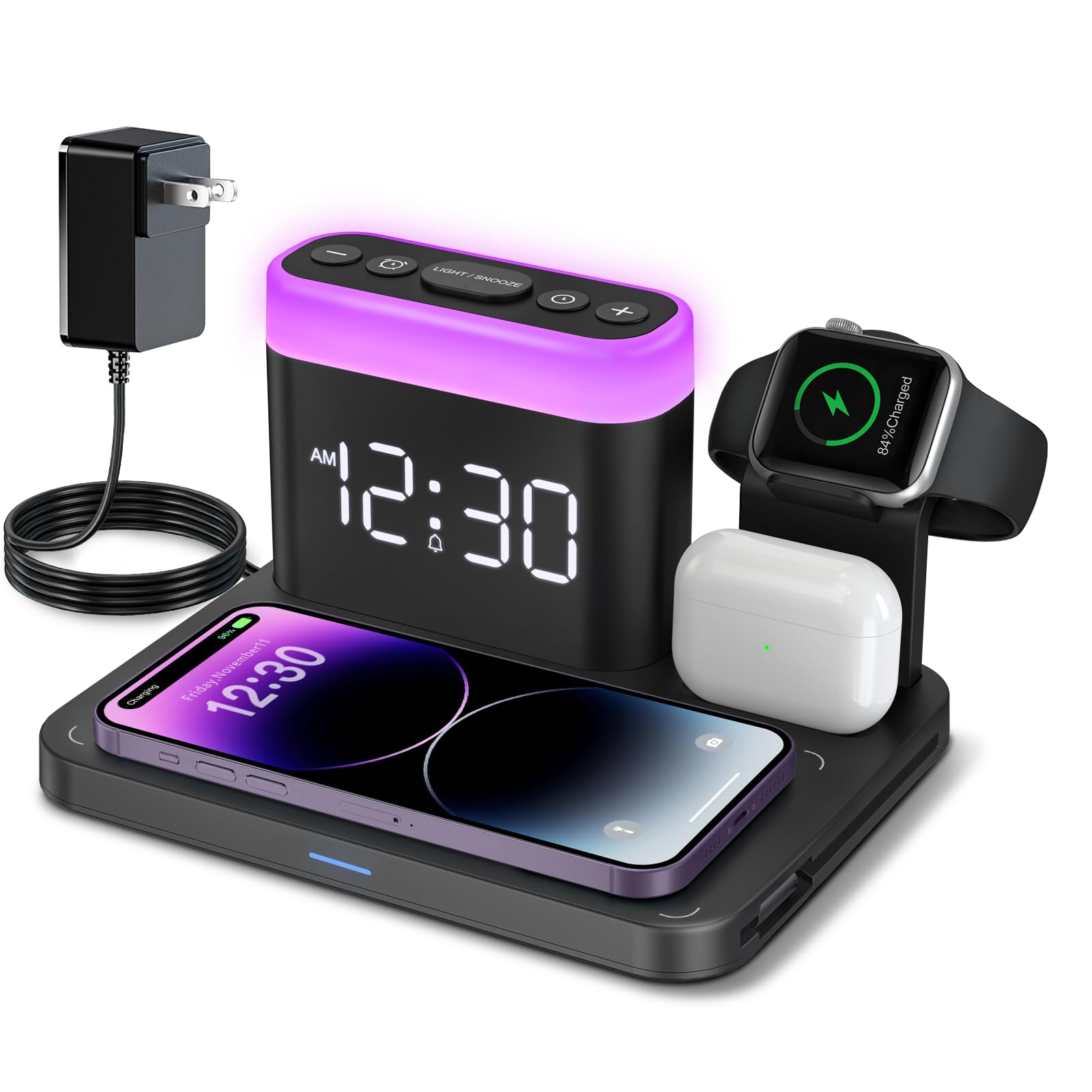 ANJANK 3-in-1 Wireless Charging Station with Alarm Clock, 7-Color Night Light & MagSafe Charger for iPhone 16/15/14/13/12/11 Pro Max Plus, Apple Watch 10/9/8/7/Ultra/SE & AirPods - Perfect for Bedside, Office & Travel Charging