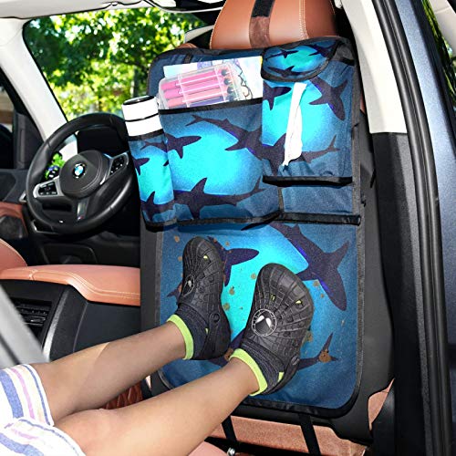 WELLDAY Car Backseat Organizer with Floating Sharks Design - 2PCS Trunk Storage Organizer, Travel Accessories with Multiple Pockets & Kick Mats Protector for Kids & Toddlers - Perfect for Road Trips, Family Travel & Daily Commute