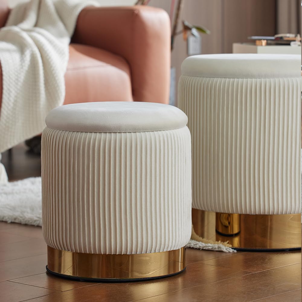 Round Velvet Storage Ottoman Set of 2 - White Upholstered Footrest Pouf with Hidden Storage for Living Room, Bedroom & Dorm - Perfect for Extra Seating, Footrest & Home Organization