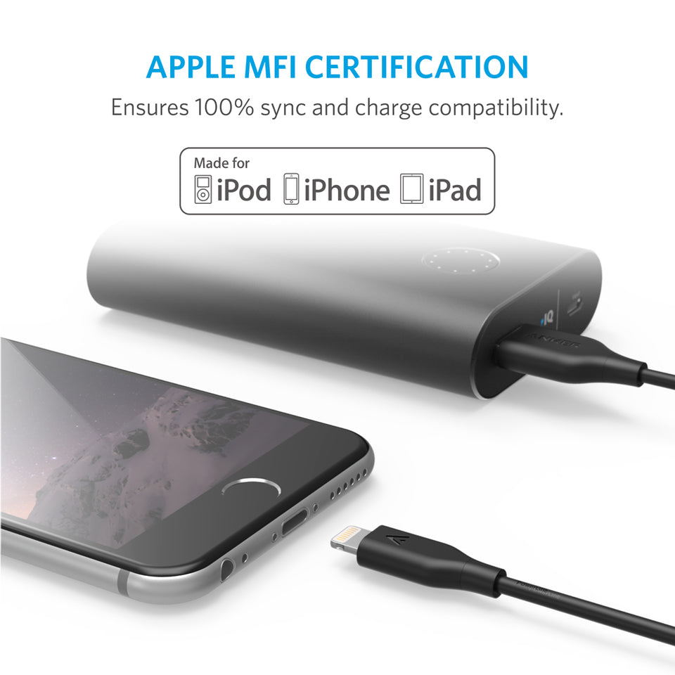 Anker PowerLine MFi Certified Lightning Cable 6ft for iPhone 14/13/12/11/X/8 & iPad - Fast Charging & Sync - Durable Nylon Braided - Black (Perfect for Home, Office & Travel Charging)
