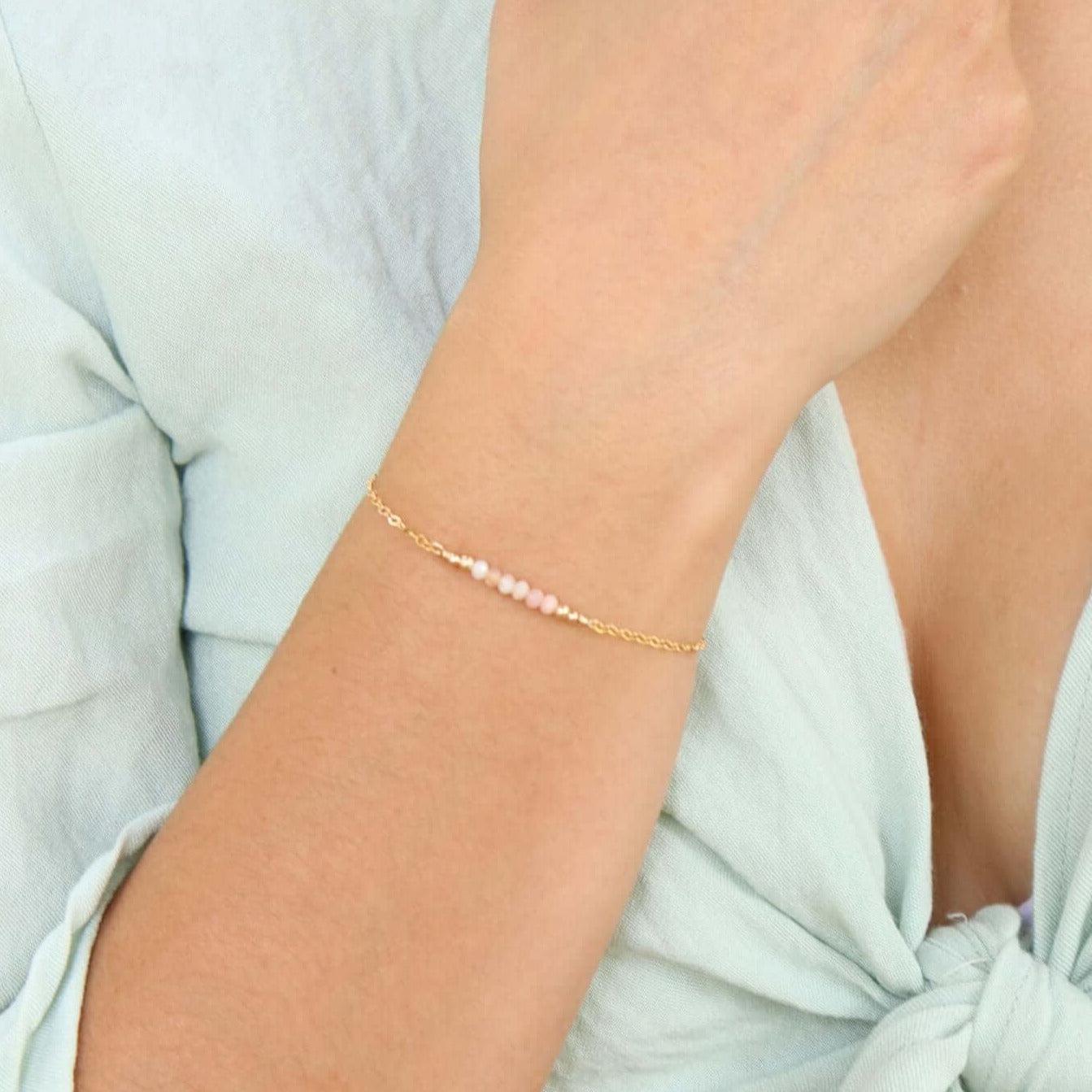 Sparkling Pink Peruvian Opal Gemstone Faceted Bead Bar Bracelet for Women - Handmade Adjustable Stretch Jewelry for Boho Fashion & Gift Giving