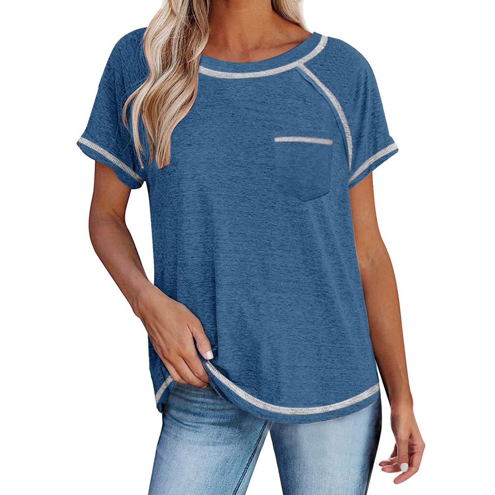 Women's Summer Round Neck T-Shirt | Casual Short Sleeve Loose Fit Tunic Top | Comfortable Waffle Knit Basic Tee with Pockets | Perfect for Beach, Vacation & Everyday Wear