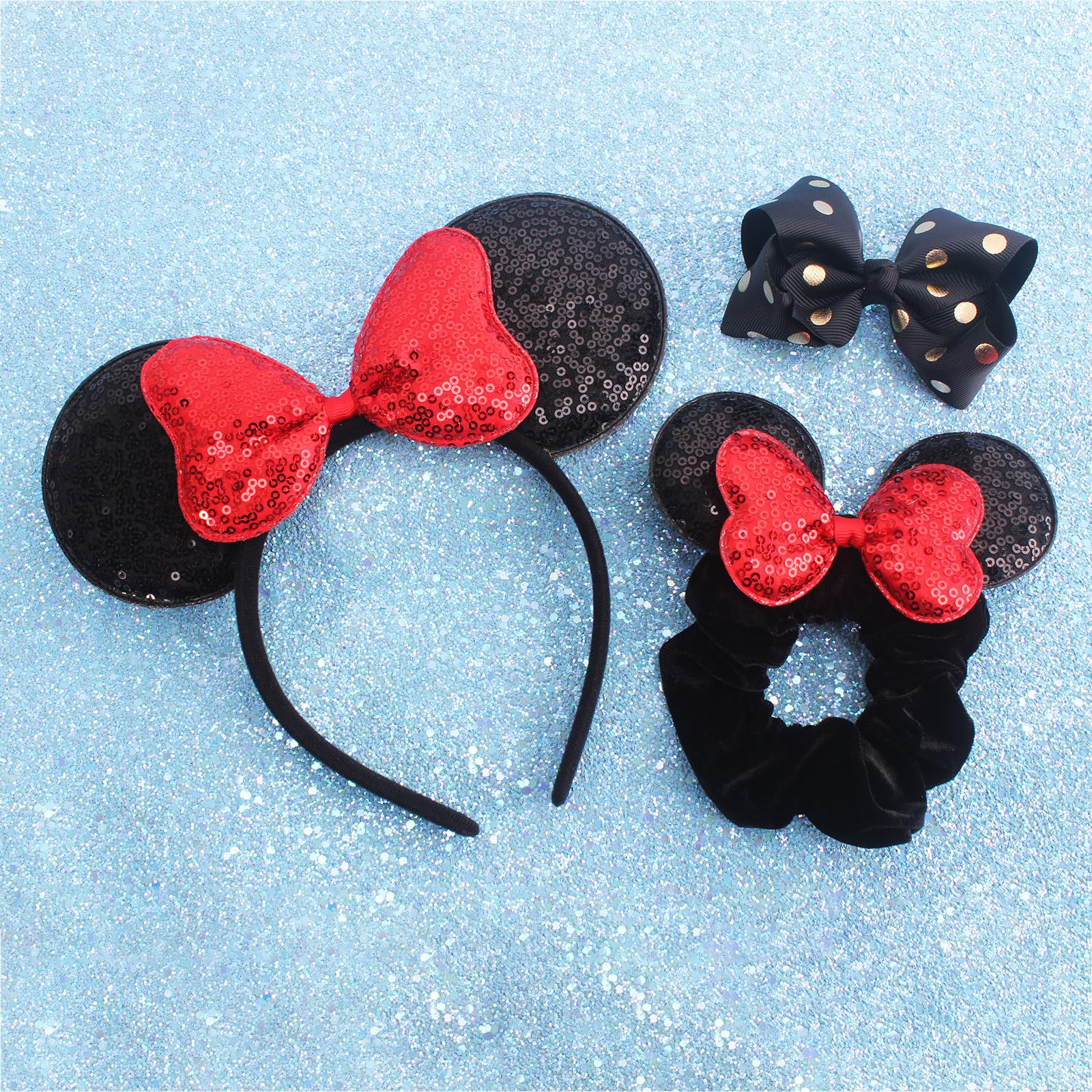 3PCS Glitter Mouse Ears Headband Set with Scrunchies & Bow Clips - Sparkly Disney Inspired Hair Accessories for Women & Girls (Red) | Perfect for Theme Parks, Costume Parties & Disneybounding Outfits