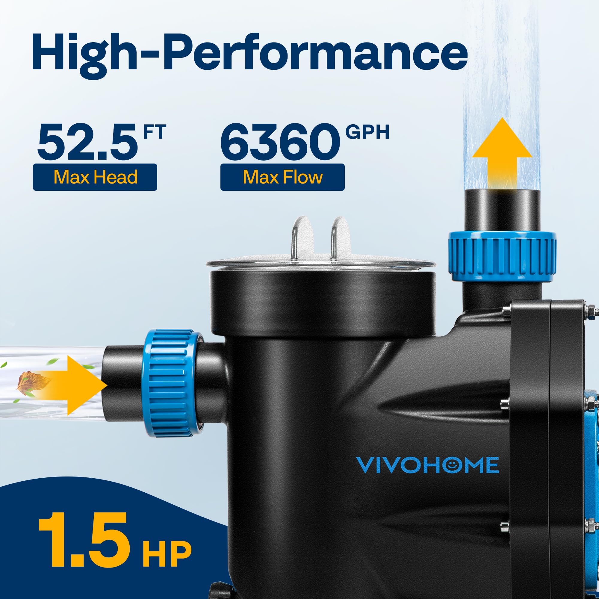 VIVOHOME 1.5 HP High Performance Self Priming Pool Pump 6360 GPH with ON/OFF Switch - Energy Efficient Swimming Pool Pump for Inground & Above Ground Pools - Includes 1.25