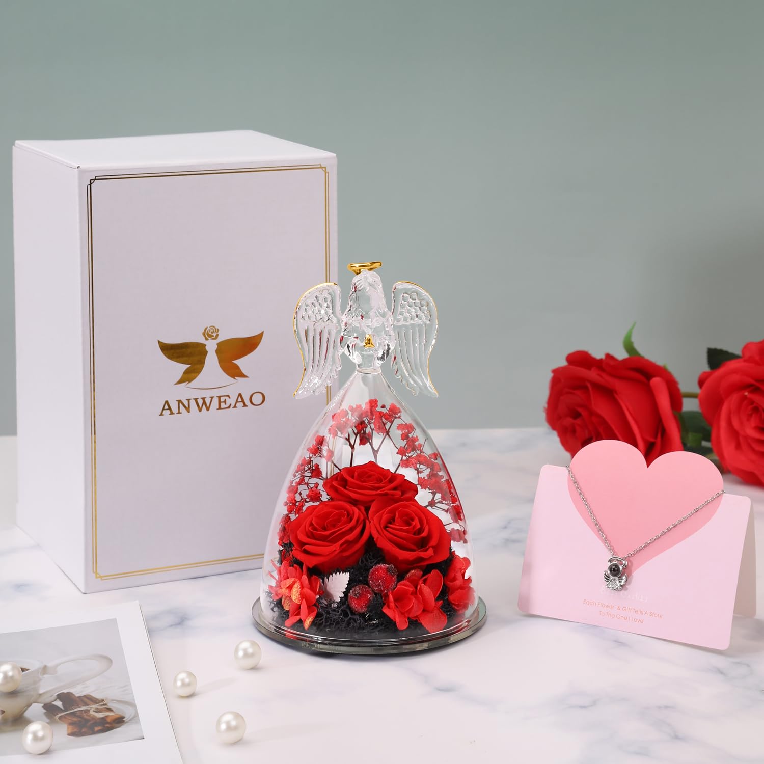 ANWEAO Preserved Rose in Glass Angel Figurine - Eternal Red Rose Gift for Mom, Grandma, Wife, Sister | Mother's Day, Birthday, Anniversary Present | Home Decor, Wedding Centerpiece, Romantic Gift Idea