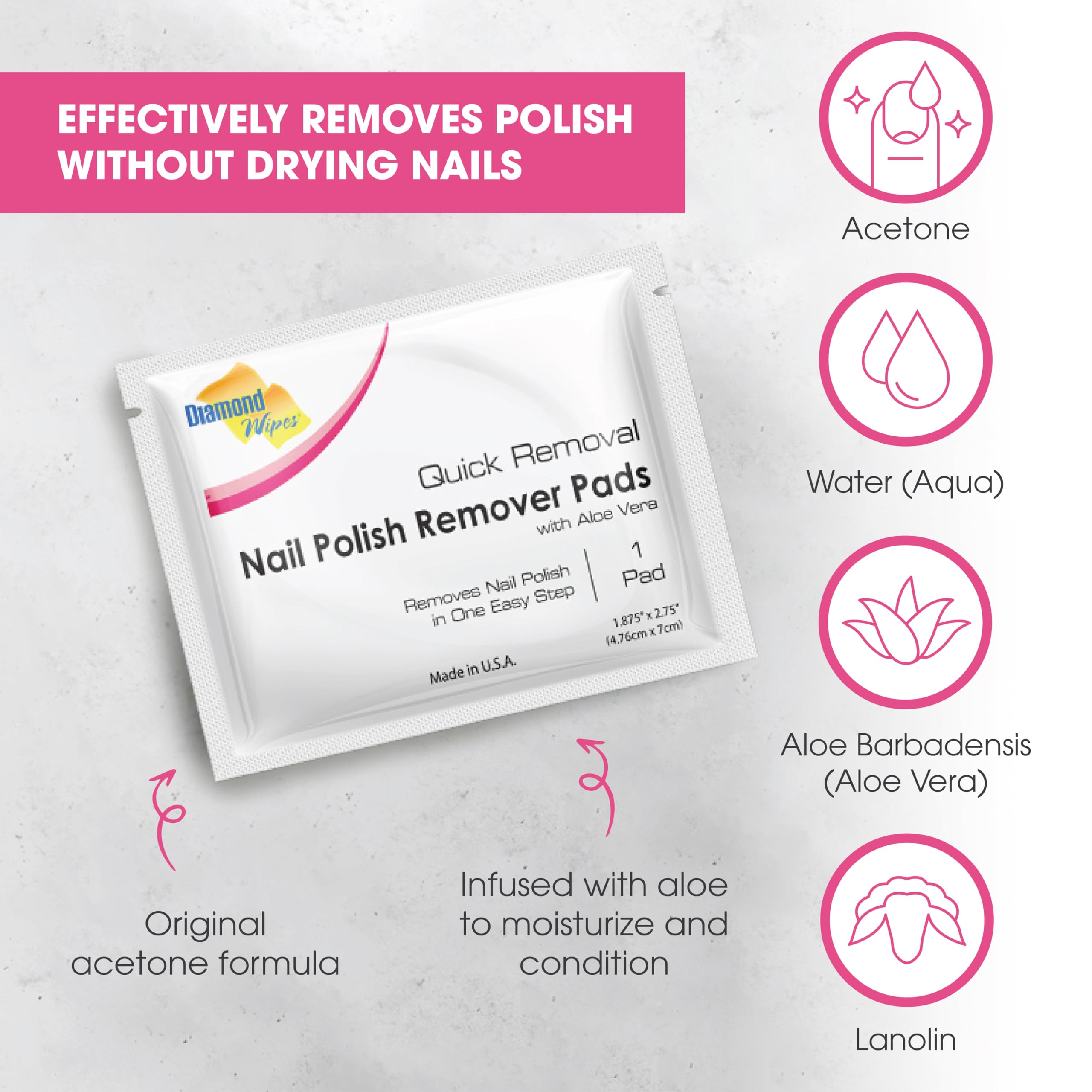 Diamond Wipes Acetone Nail Polish Remover Pads with Aloe Vera - 500 Count Individually Wrapped Wipes for Salon, Travel & At-Home Manicures