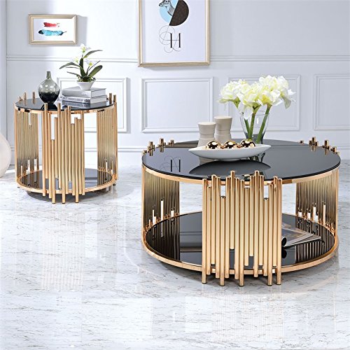 Acme Tanquin Round Glass Top End Table - Black Glass & Gold Accent - Perfect for Living Room, Bedroom, or Office Decor
