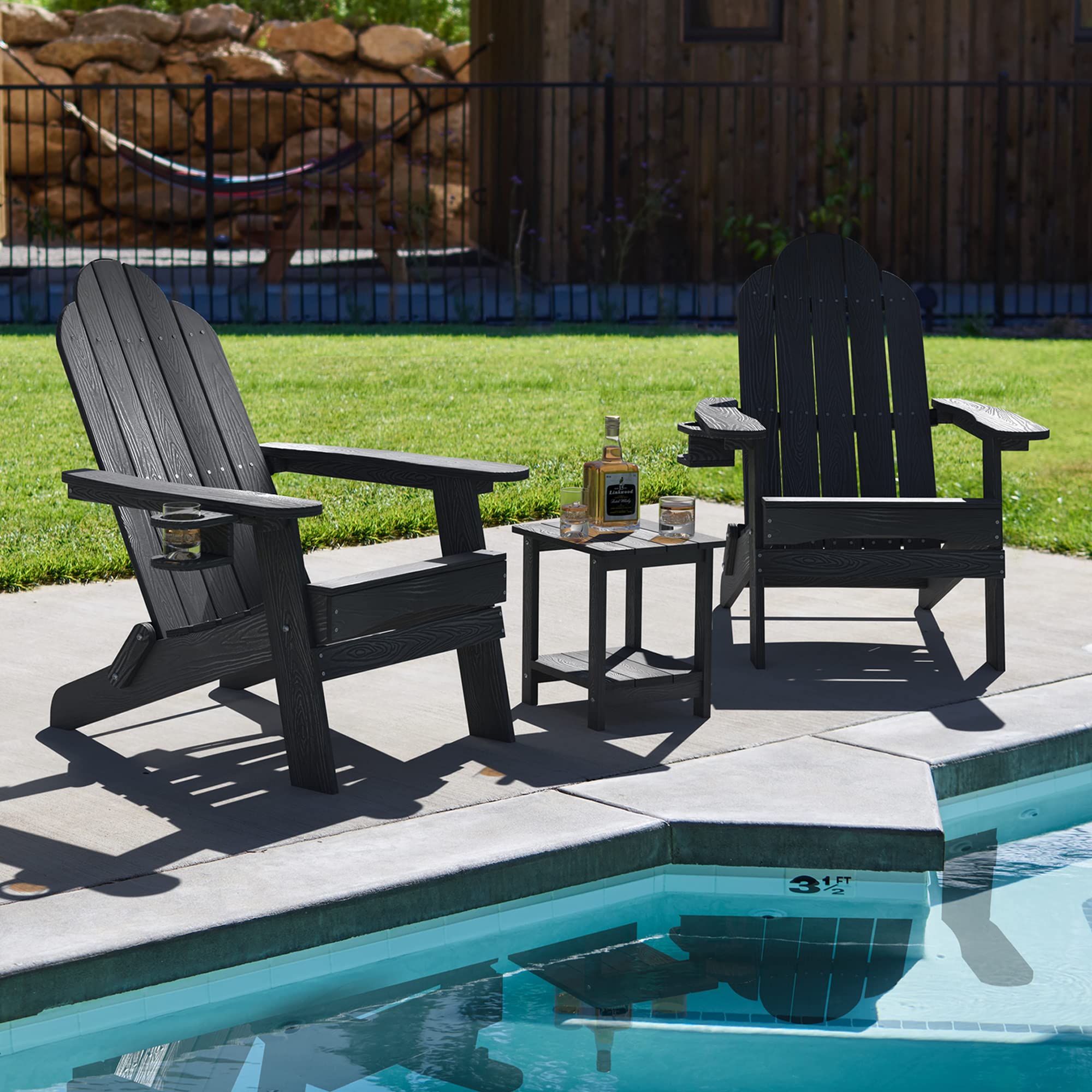 LUE BONA 2-Piece Folding Adirondack Chair Set with Side Table - Black HDPS Fire-Resistant Outdoor Patio Furniture with Cup Holders | Perfect for Backyard, Garden, Deck & Poolside Relaxation