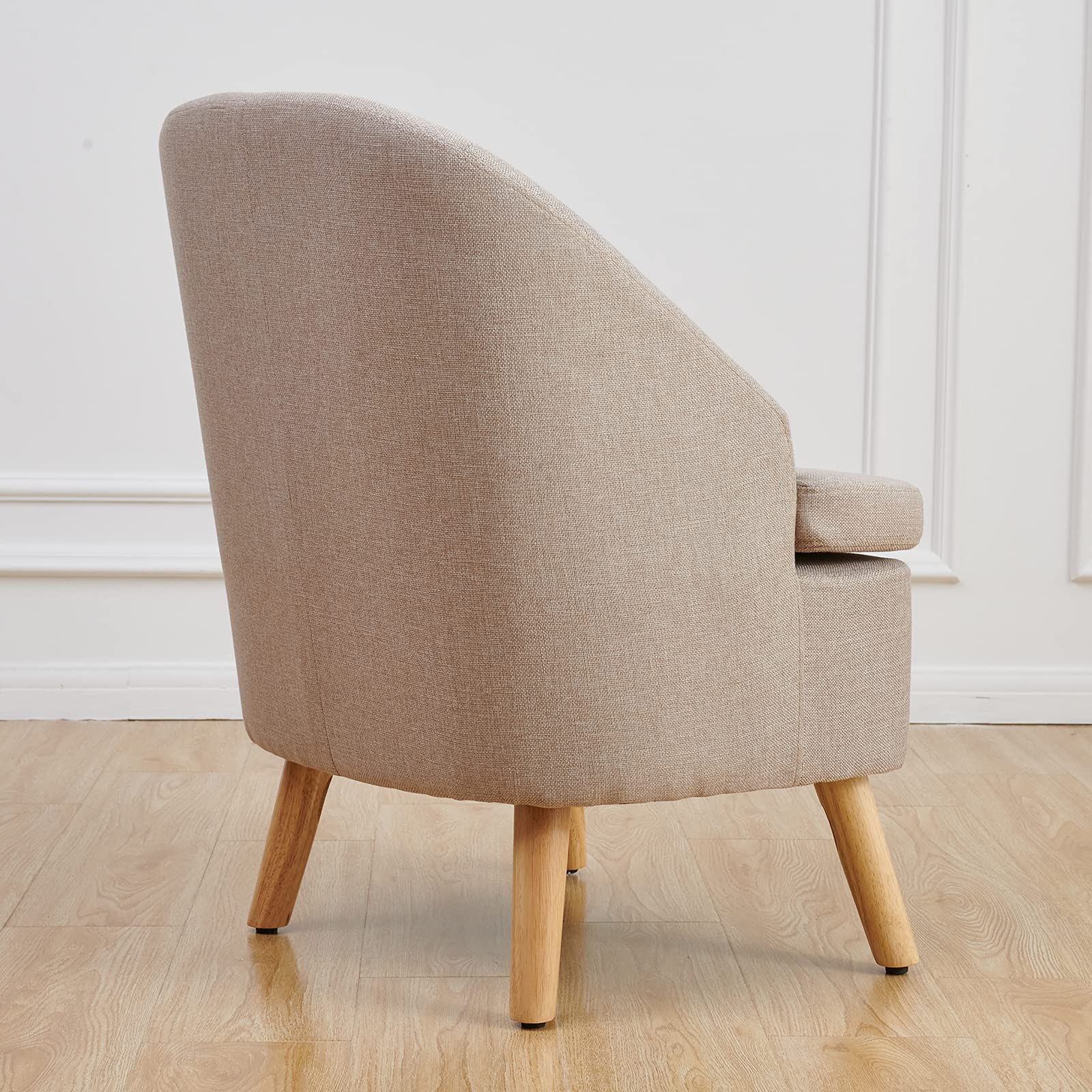Stylish Beige Barrel Accent Chair with Upholstered Cotton Linen Fabric & Wooden Legs - Perfect Round Single Sofa for Living Room, Bedroom or Office Decor