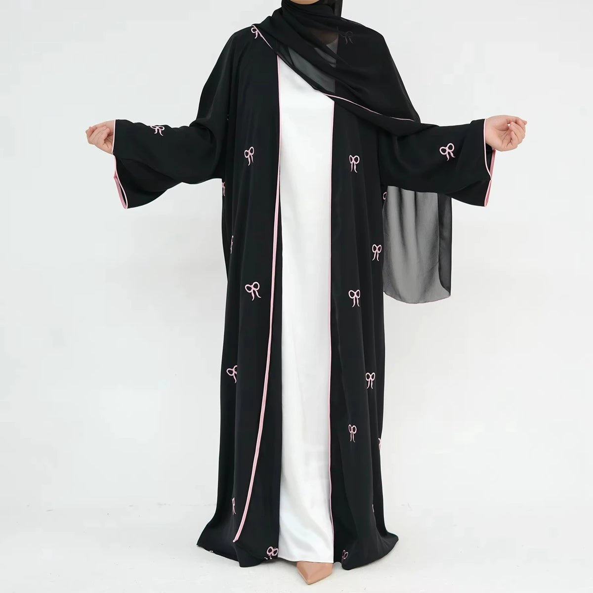 Elegant Bow Embroidery Nida Cardigan Open Abaya Dress #241910 - Perfect for Muslim Women, Prayer, Modest Fashion & Special Occasions