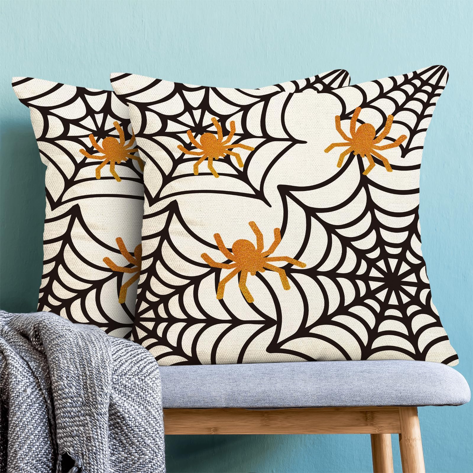 Spider Web Throw Pillow Covers 16x16 Inch Set of 2 - Halloween Farmhouse Decor, Outdoor Spider Web Cushion Cases for Sofa, Bed, Home & Office - Perfect for Halloween Party Decorations & Cozy Fall Home Decor