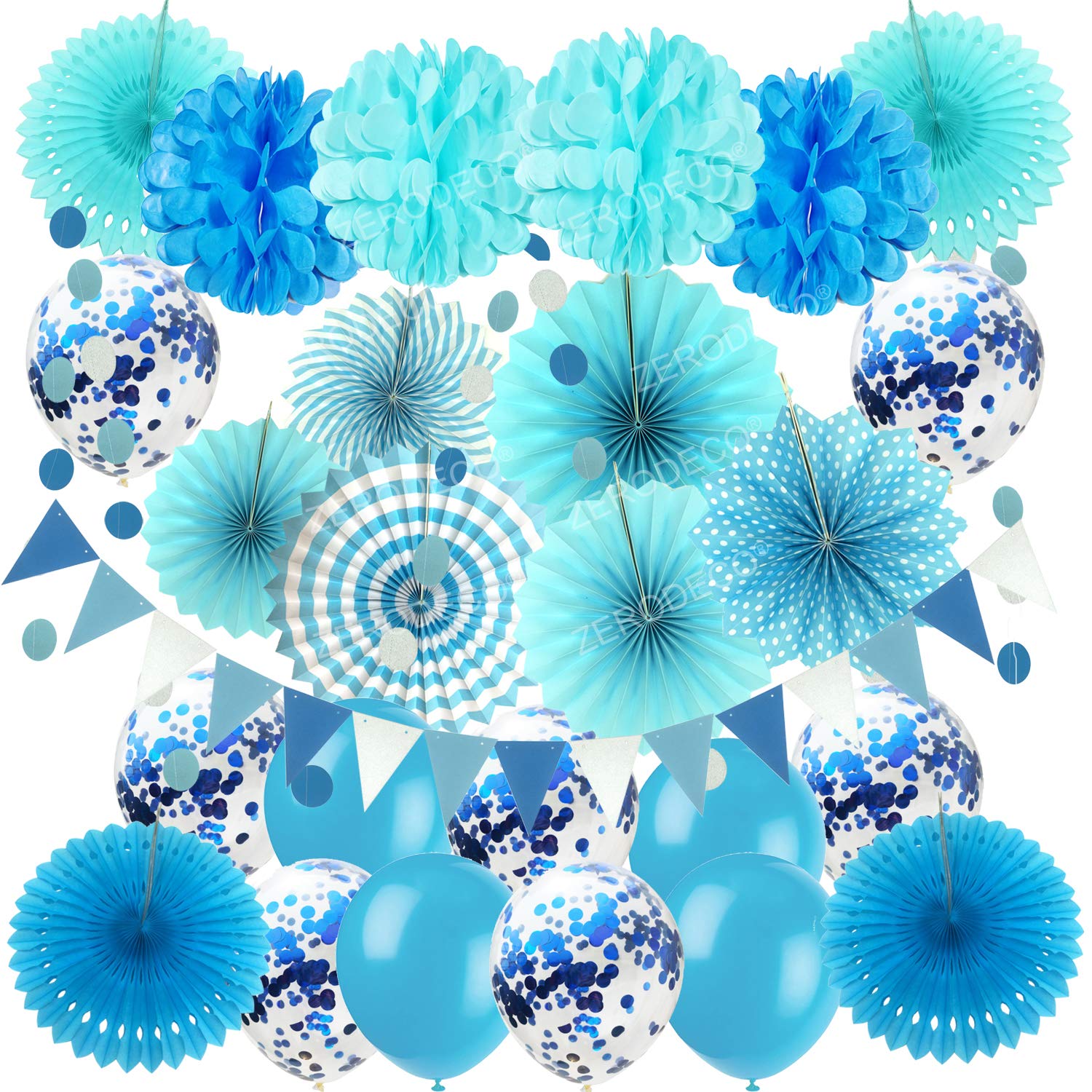ZERODECO 12-Pack Blue Confetti Party Decorations Set - Hanging Paper Fans, Balloons, Pompoms & Bunting Flags for Graduation, Wedding, Birthday, Baby Shower Decor | Indoor & Outdoor Party Supplies