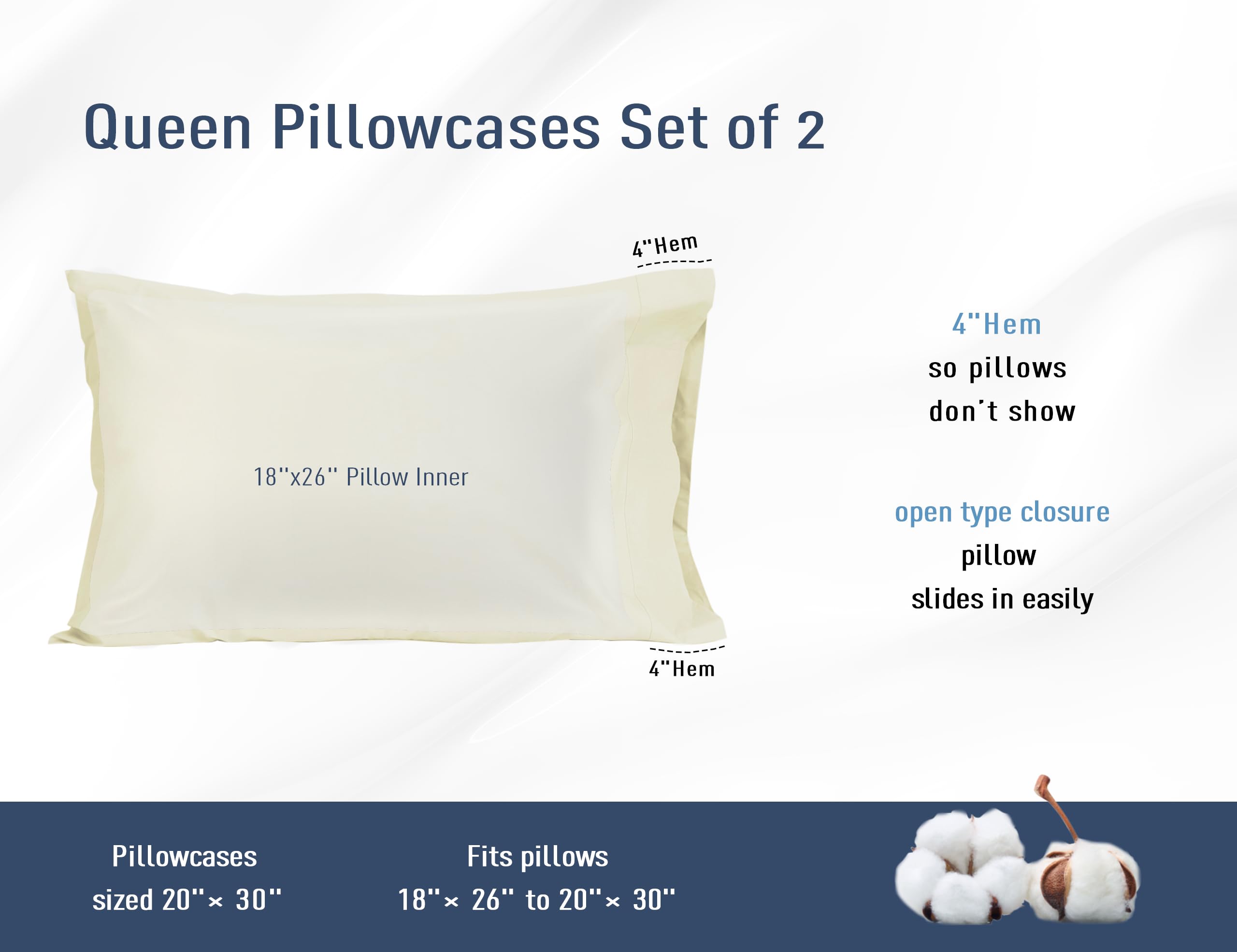 Premium Cotton Percale Pillowcases Set of 2 - Standard/Queen Size 20x30 Inches, Breathable & Hypoallergenic Bedding, Pre-Shrunk for Lasting Comfort (Cream) - Perfect for Hotels, Guest Rooms & Luxury Home Decor