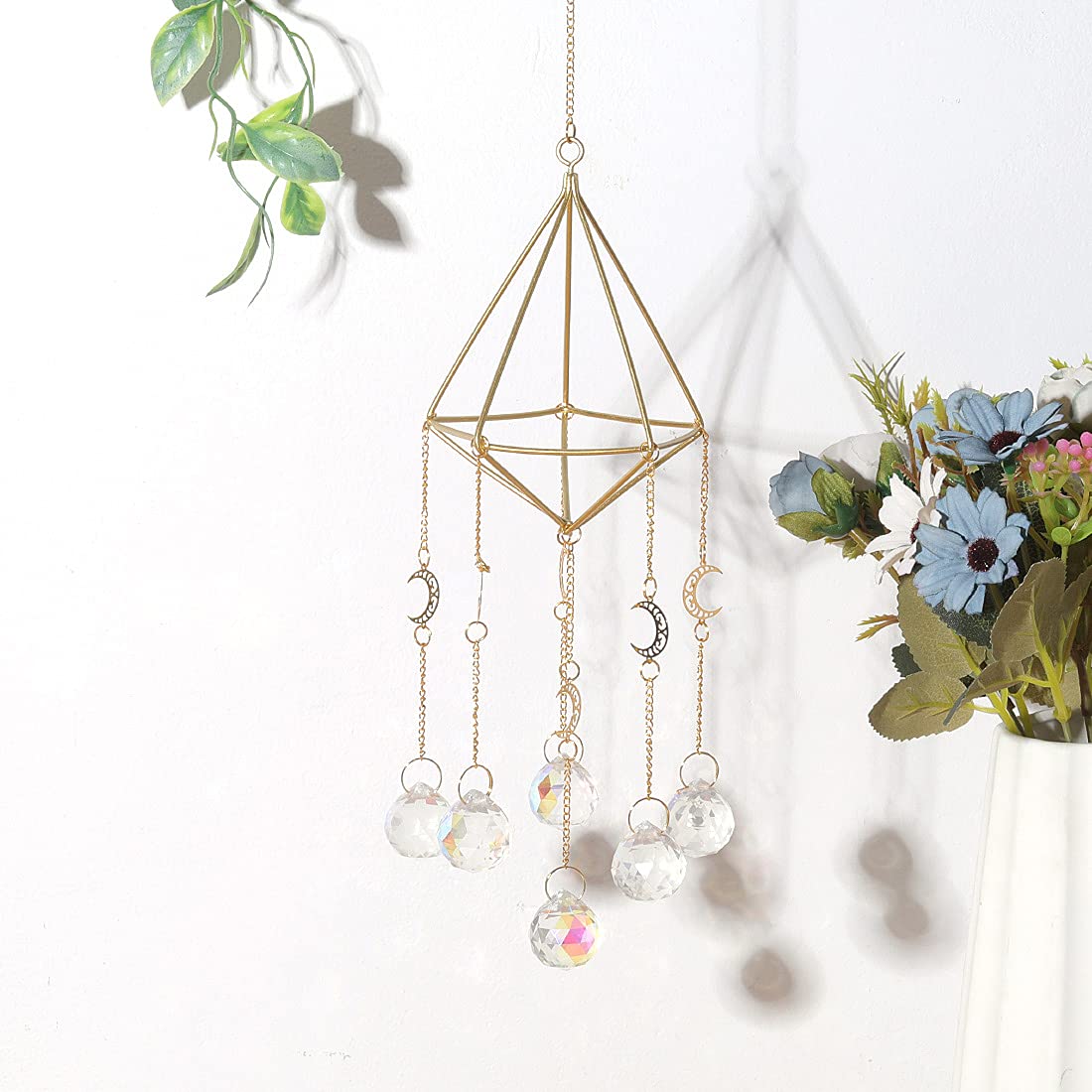 Gold Crystal Suncatcher - Rainbow Maker Window Decor with AB Coated Moon & Prism Balls | Light Catcher Hanging Ornament for Home, Garden, Wedding & Gift Giving