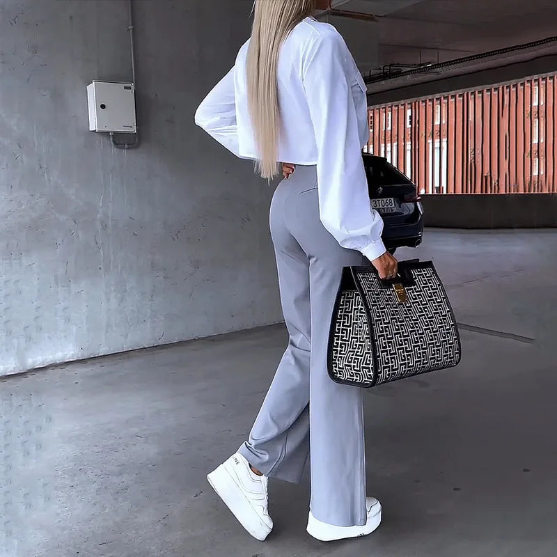 Elegant Women's Two-Piece Office Set - White Lapel Long Sleeve Blouse & Gray Pants Suit for Fall/Spring | Y2K Style Workwear for Business, Meetings & Professional Occasions