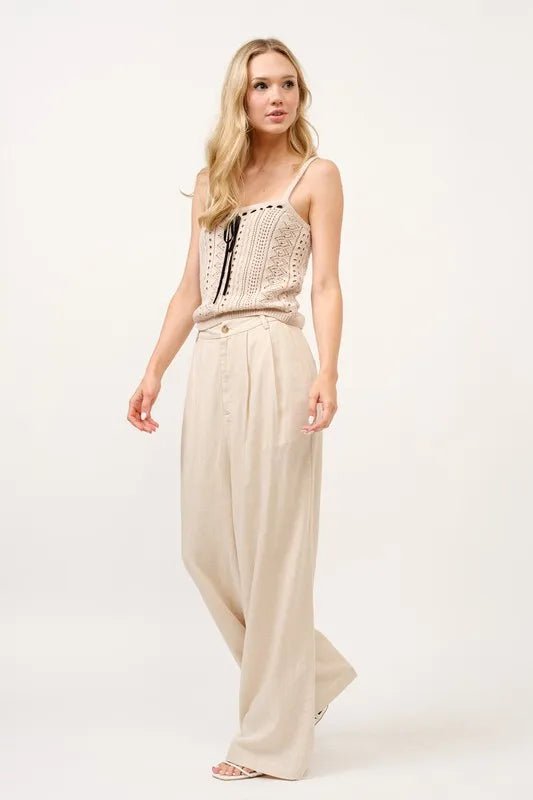 High Rise Wide Leg Linen Blend Pants for Women - Summer Comfort Stretch Trousers with Elastic Waist | Casual, Office & Vacation Wear